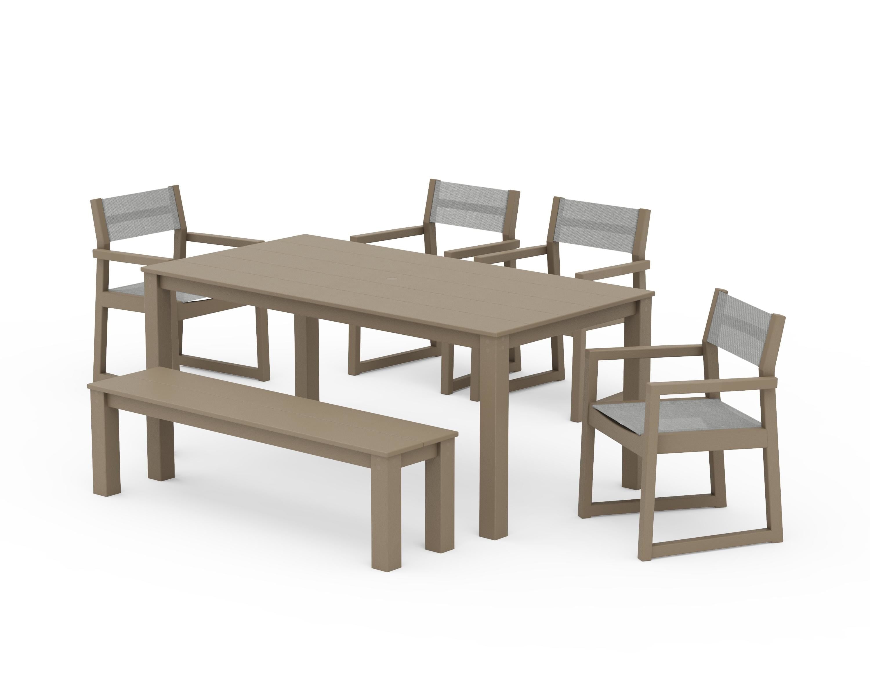 POLYWOOD EDGE Sling Arm Chair 6-Piece Parsons Dining Set with Bench in Vintage Sahara / Metallic Sling