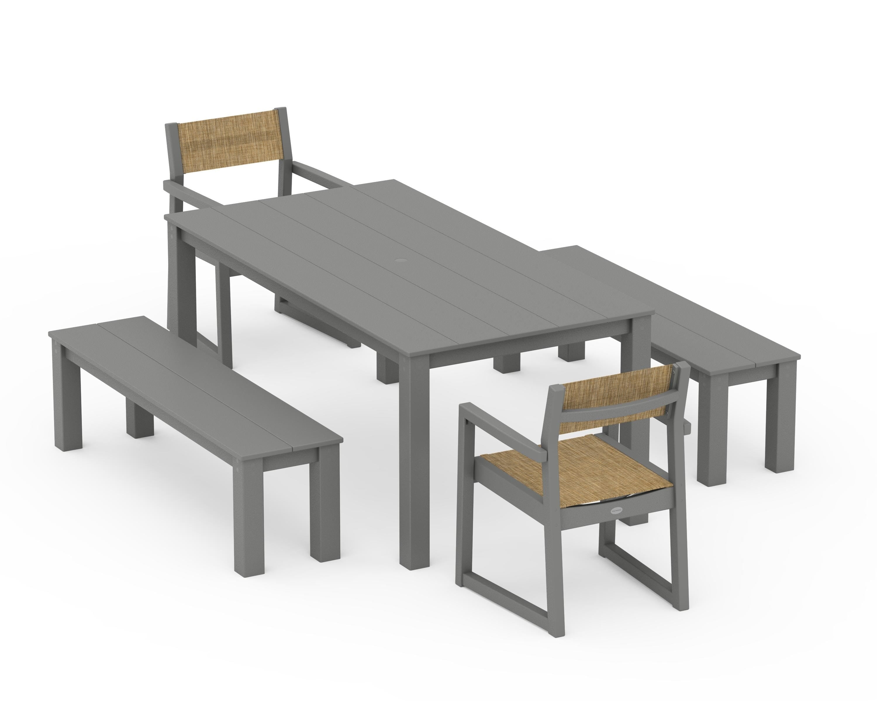 POLYWOOD EDGE Sling Arm Chair 5-Piece Parsons Dining Set with Benches in Slate Grey / Burlap Sling
