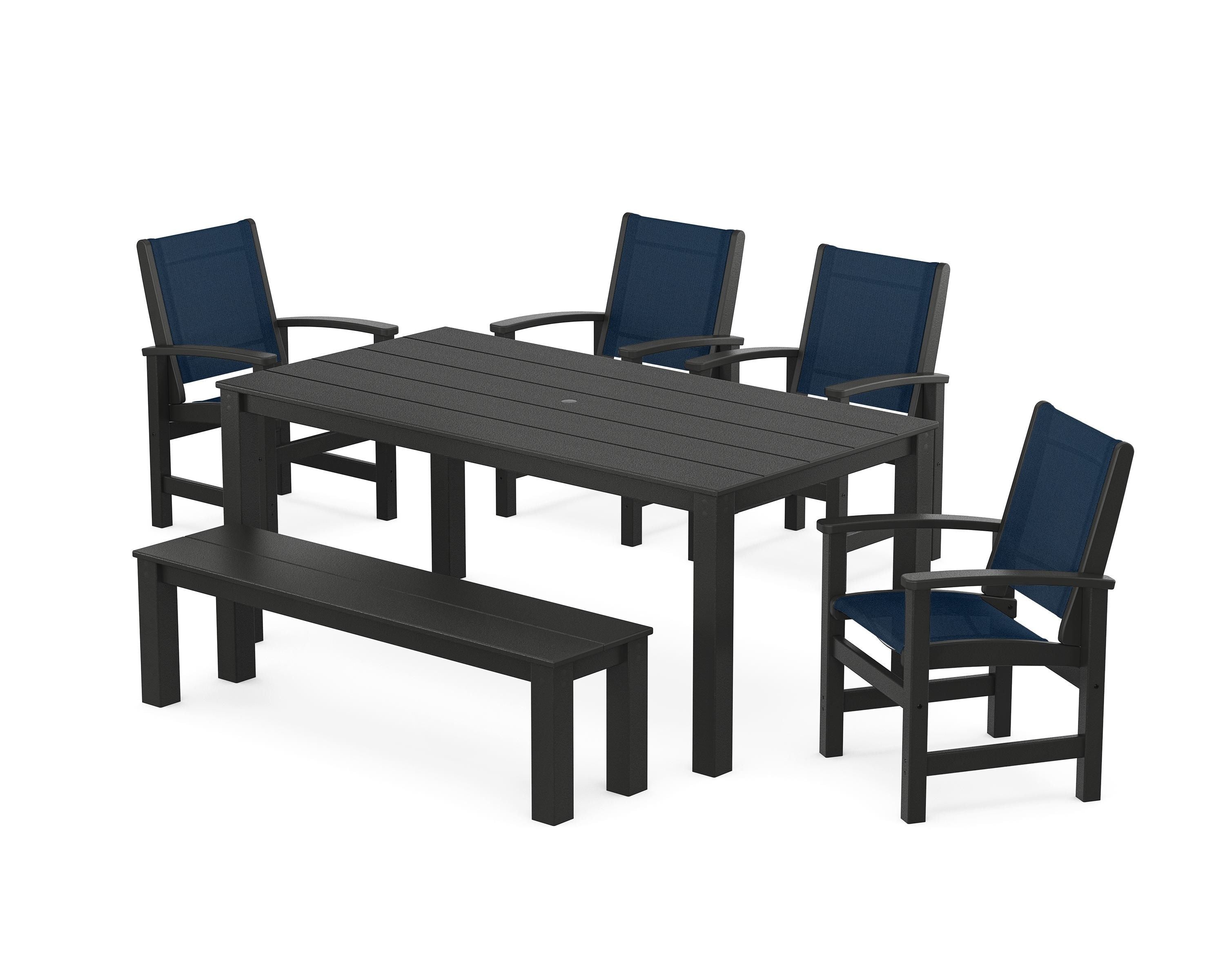 POLYWOOD Coastal 6-Piece Parsons Dining Set with Bench in Black / Navy Blue Sling