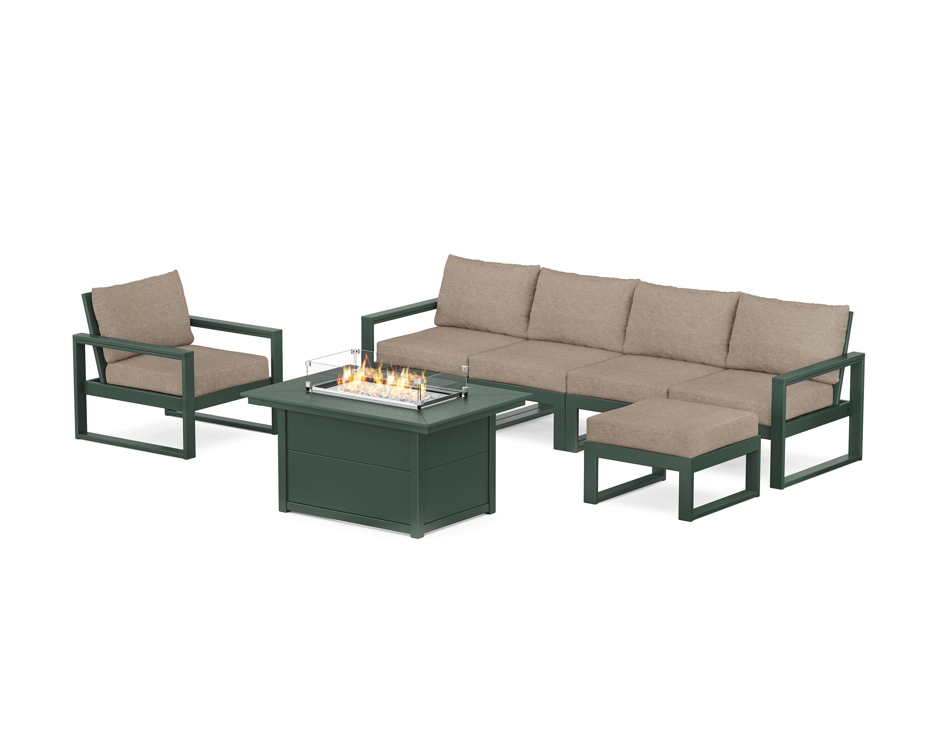 POLYWOOD EDGE Sectional Lounge and Fire Pit Set in Green / Spiced Burlap