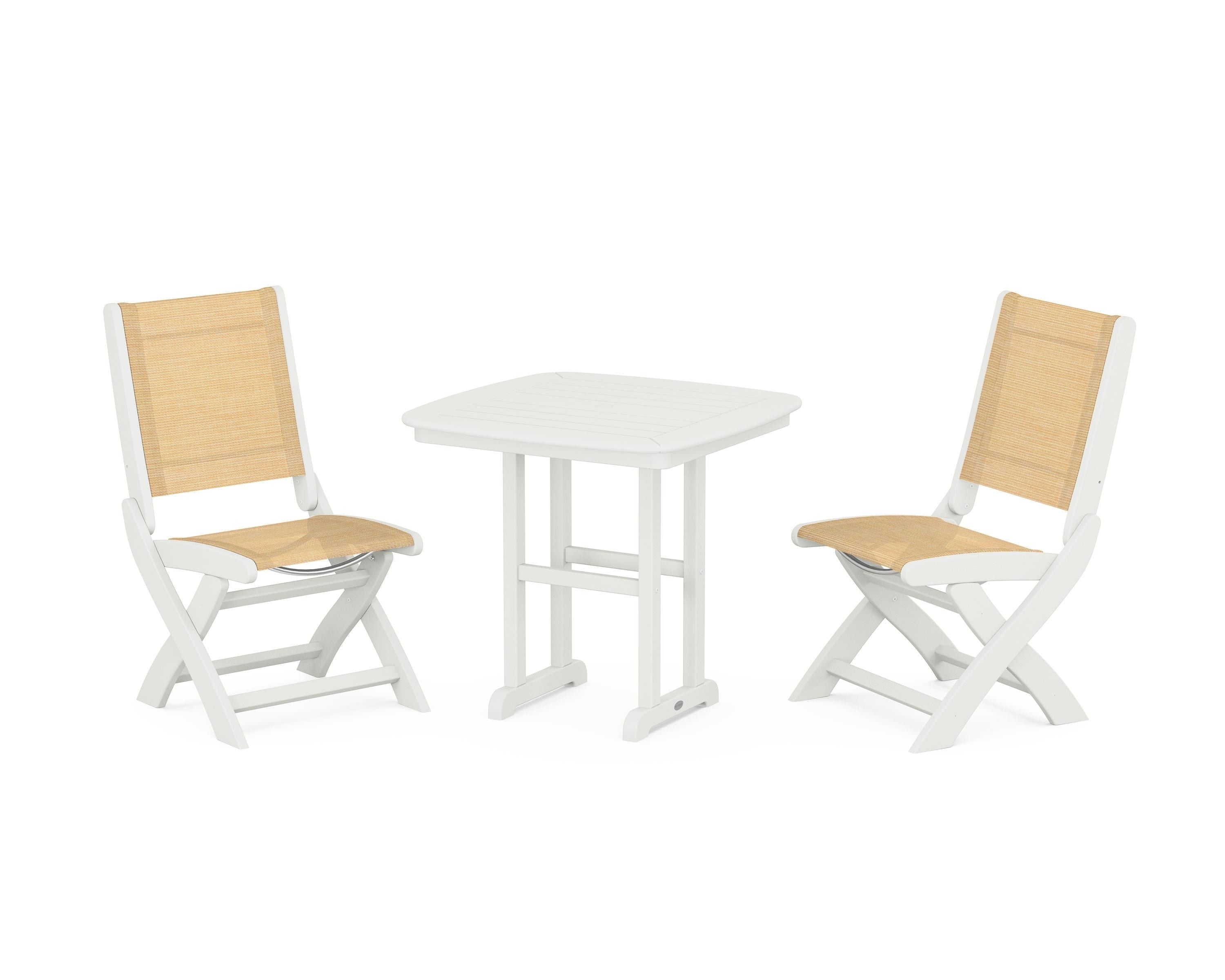 POLYWOOD Coastal Folding Side Chair 3-Piece Dining Set in Vintage White / Dupioni Apricot Sling