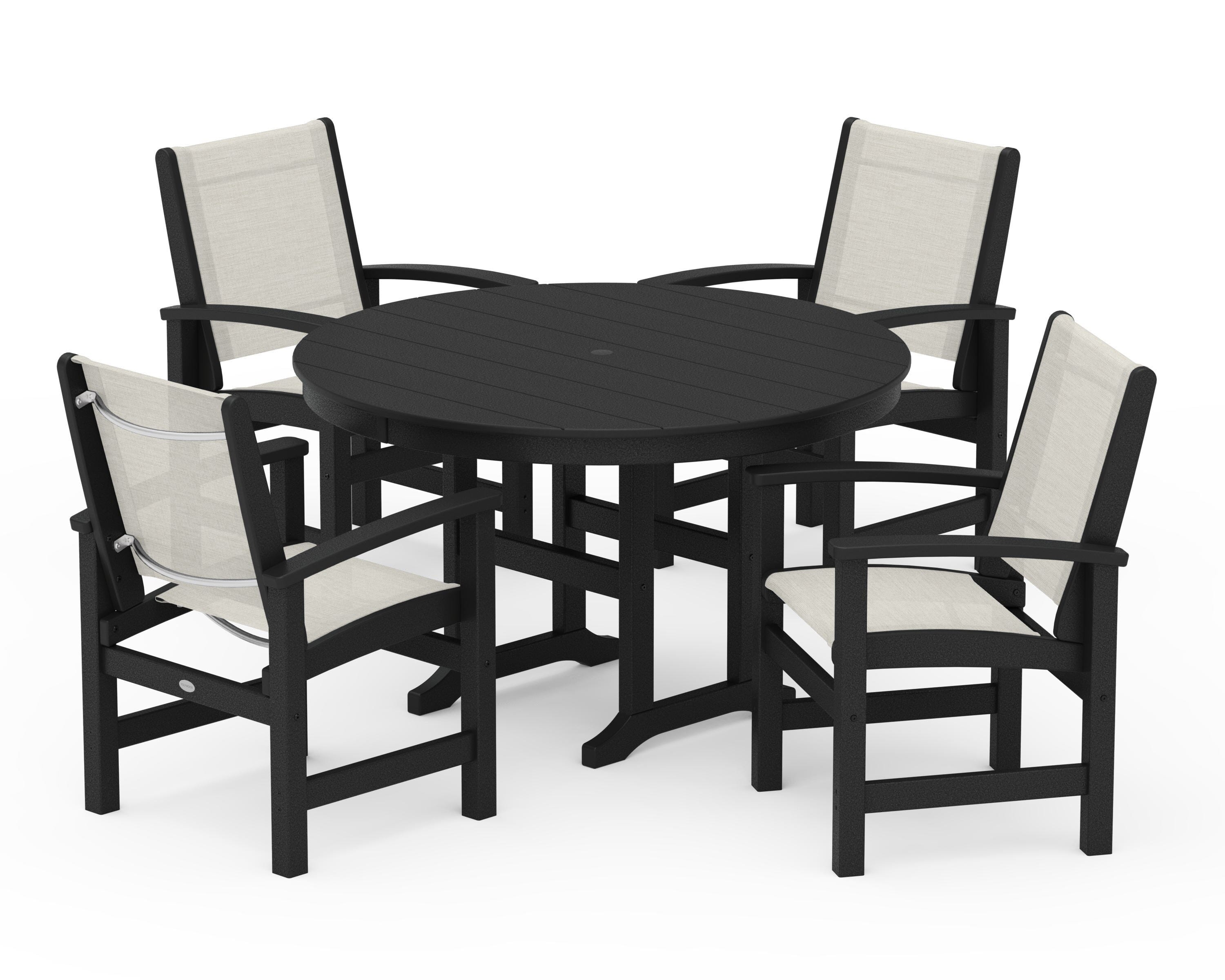 POLYWOOD Coastal 5-Piece Round Farmhouse Dining Set in Black / Parchment Sling