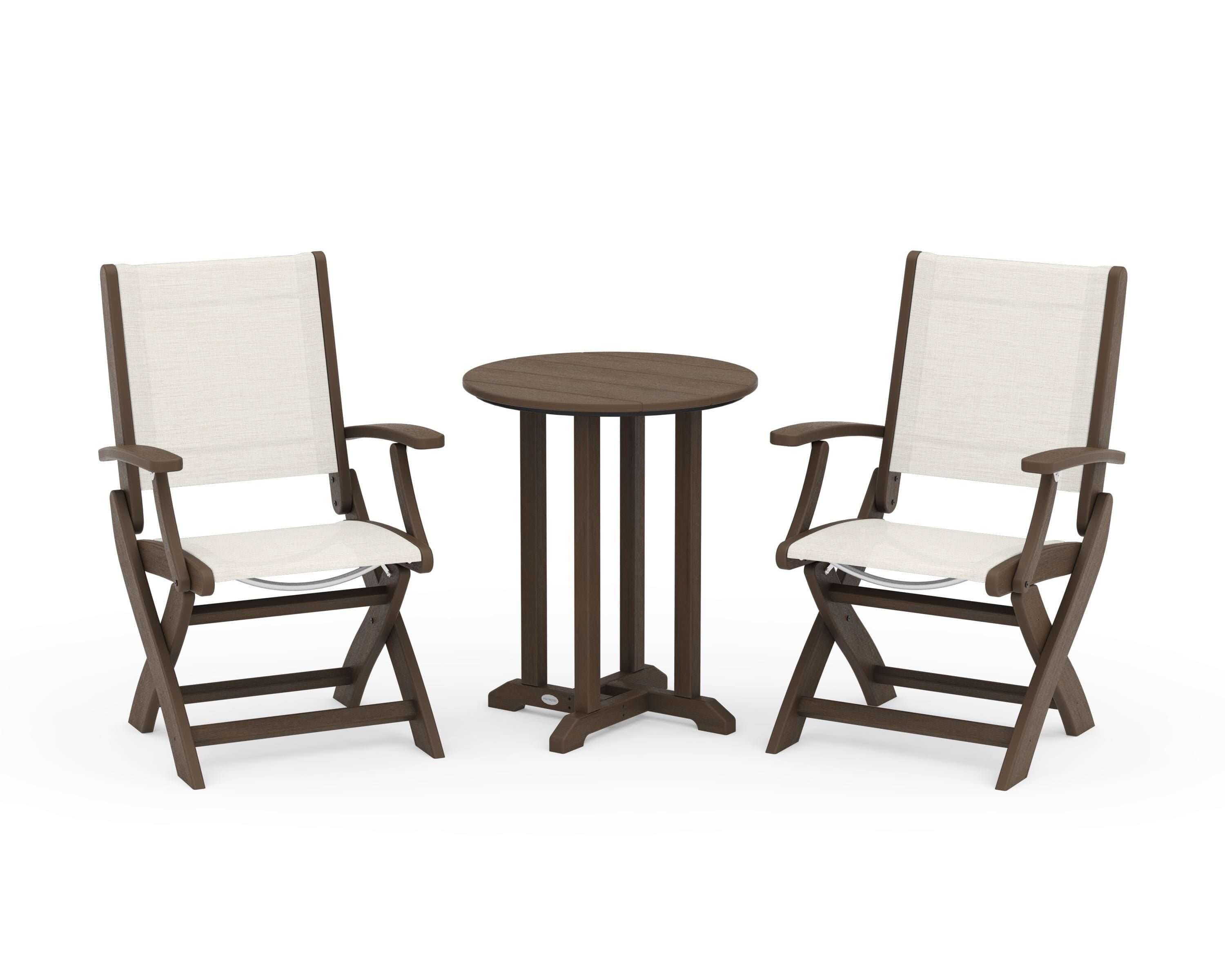 POLYWOOD Coastal Folding 3-Piece Round Bistro Dining Set in Kona / Parchment Sling