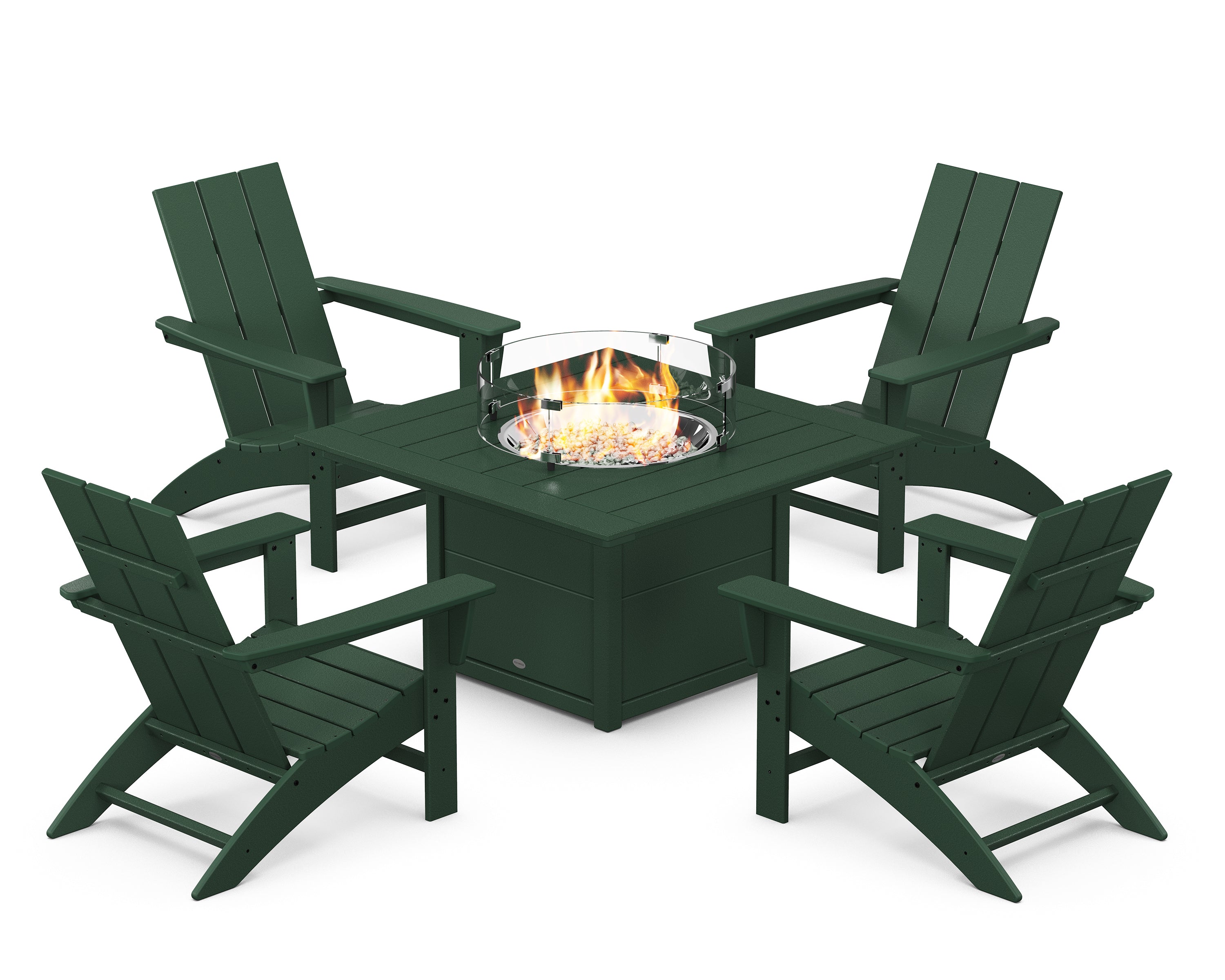 POLYWOOD® Modern 5-Piece Adirondack Chair Conversation Set with Fire Pit Table in Green