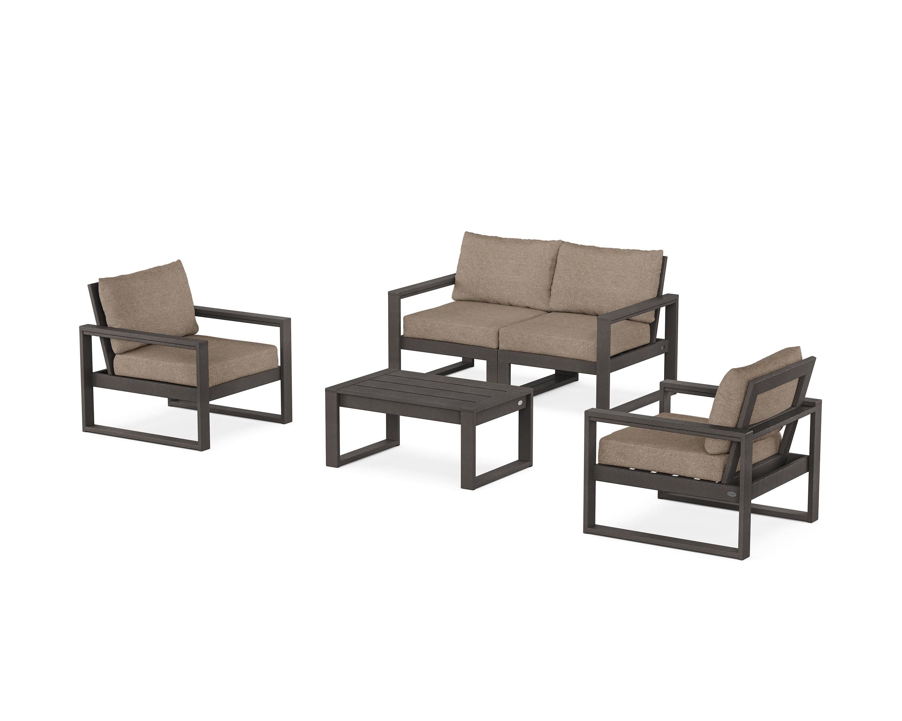 POLYWOOD EDGE Sectional 4-Piece Deep Seating Set with Loveseat in Vintage Coffee / Spiced Burlap