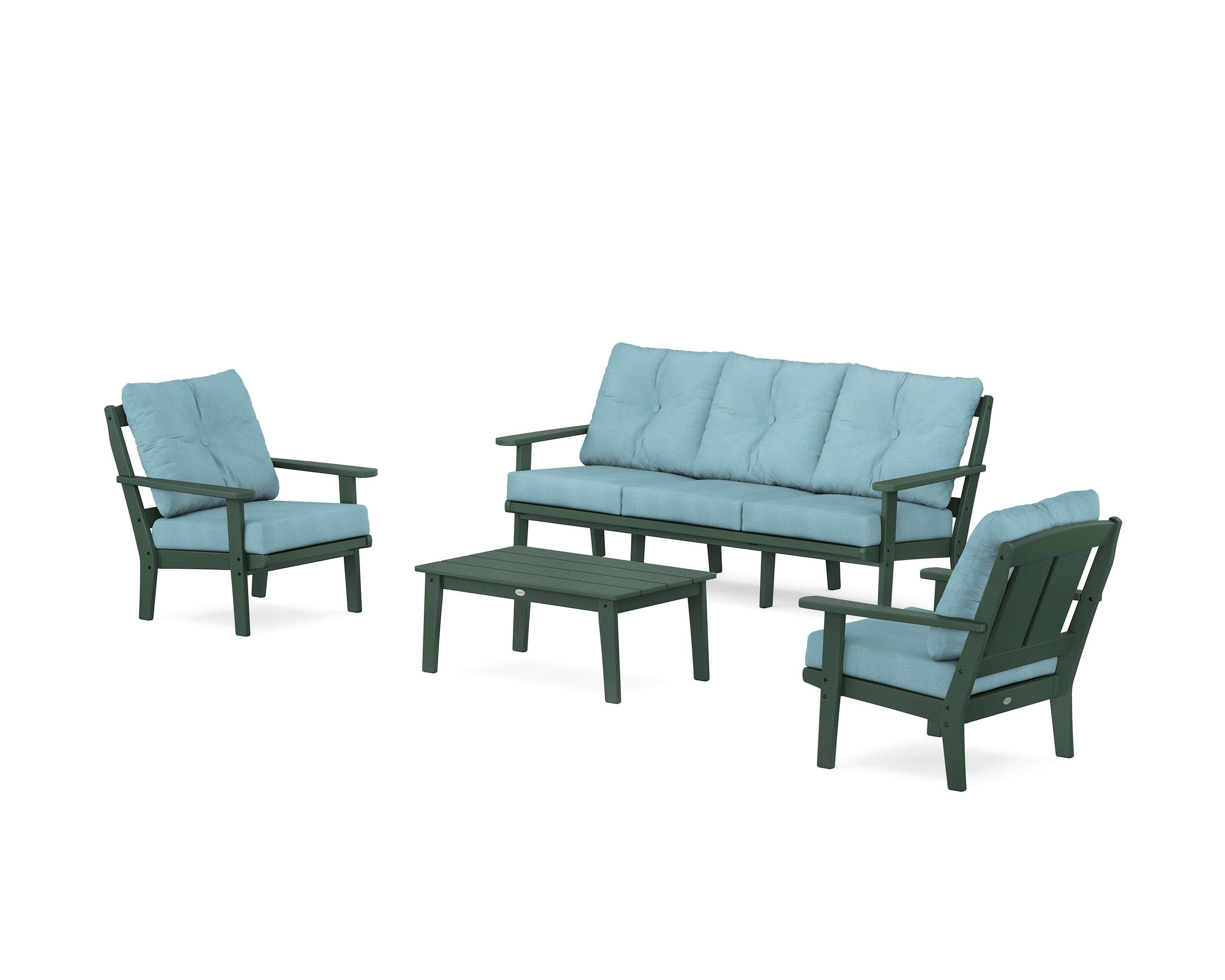 POLYWOOD Mission 4-Piece Deep Seating Set with Sofa in Green / Lattice Sky Blue