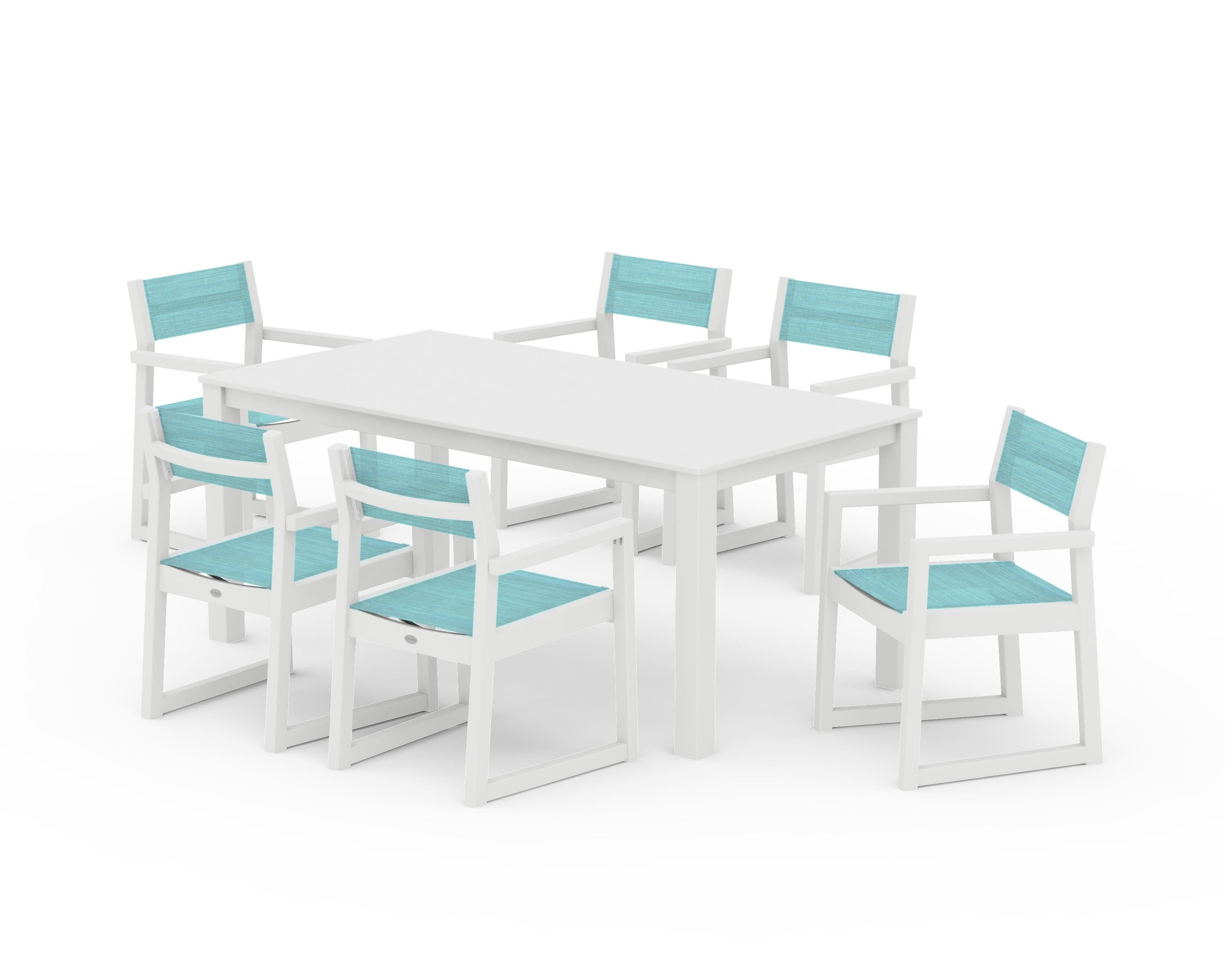 POLYWOOD EDGE Sling Arm Chair 7-Piece Parsons Dining Set in White / Dupioni Aquamarine Sling