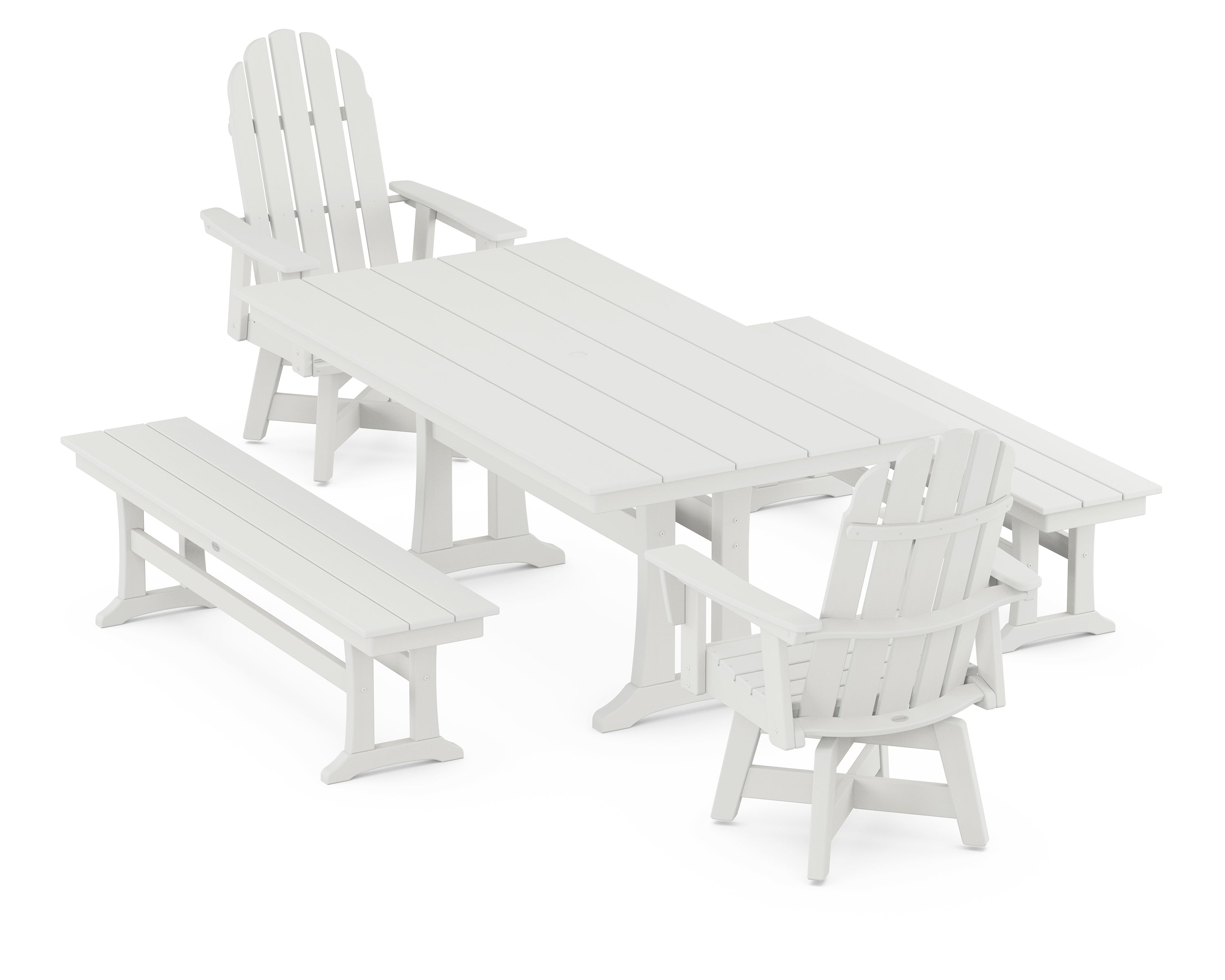 POLYWOOD® Vineyard Curveback Adirondack Swivel Chair 5-Piece Farmhouse Dining Set With Trestle Legs and Benches in Vintage White