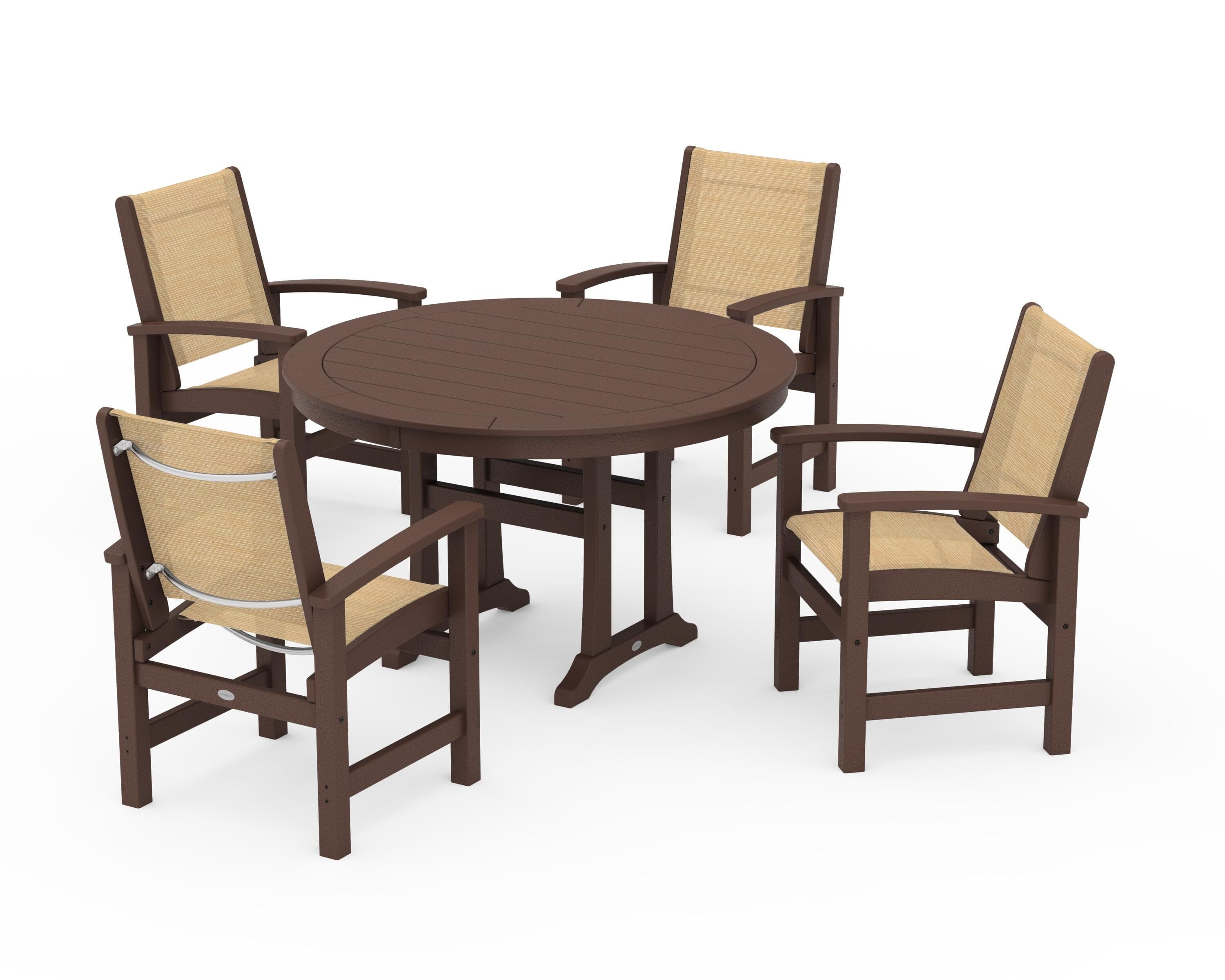 POLYWOOD Coastal 5-Piece Round Dining Set with Trestle Legs in Mahogany / Dupioni Apricot Sling