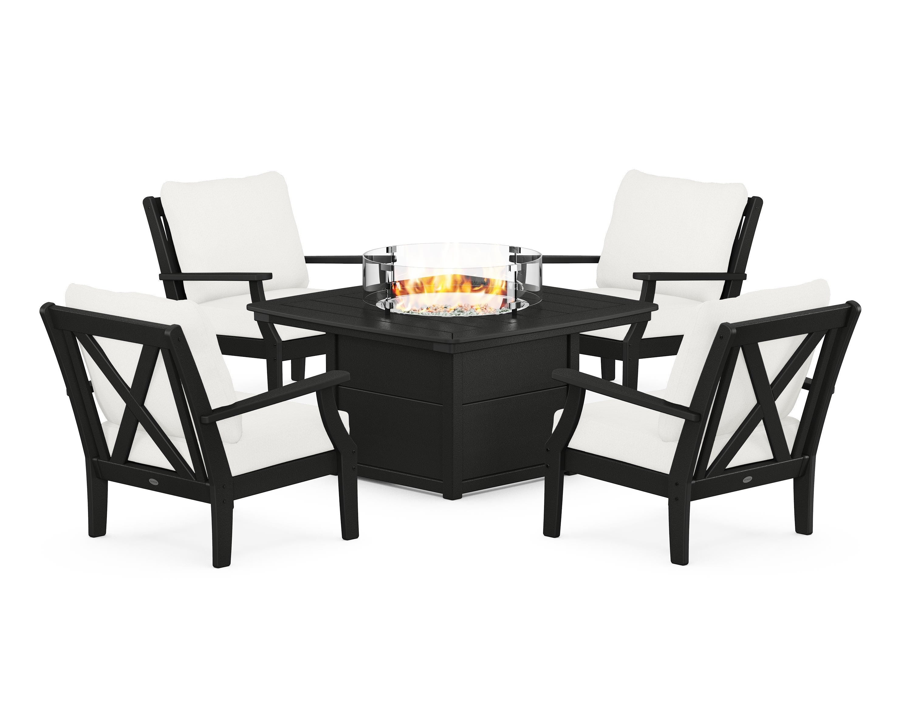 POLYWOOD Braxton 5-Piece Deep Seating Conversation Set with Fire Pit Table in Black / Natural Linen