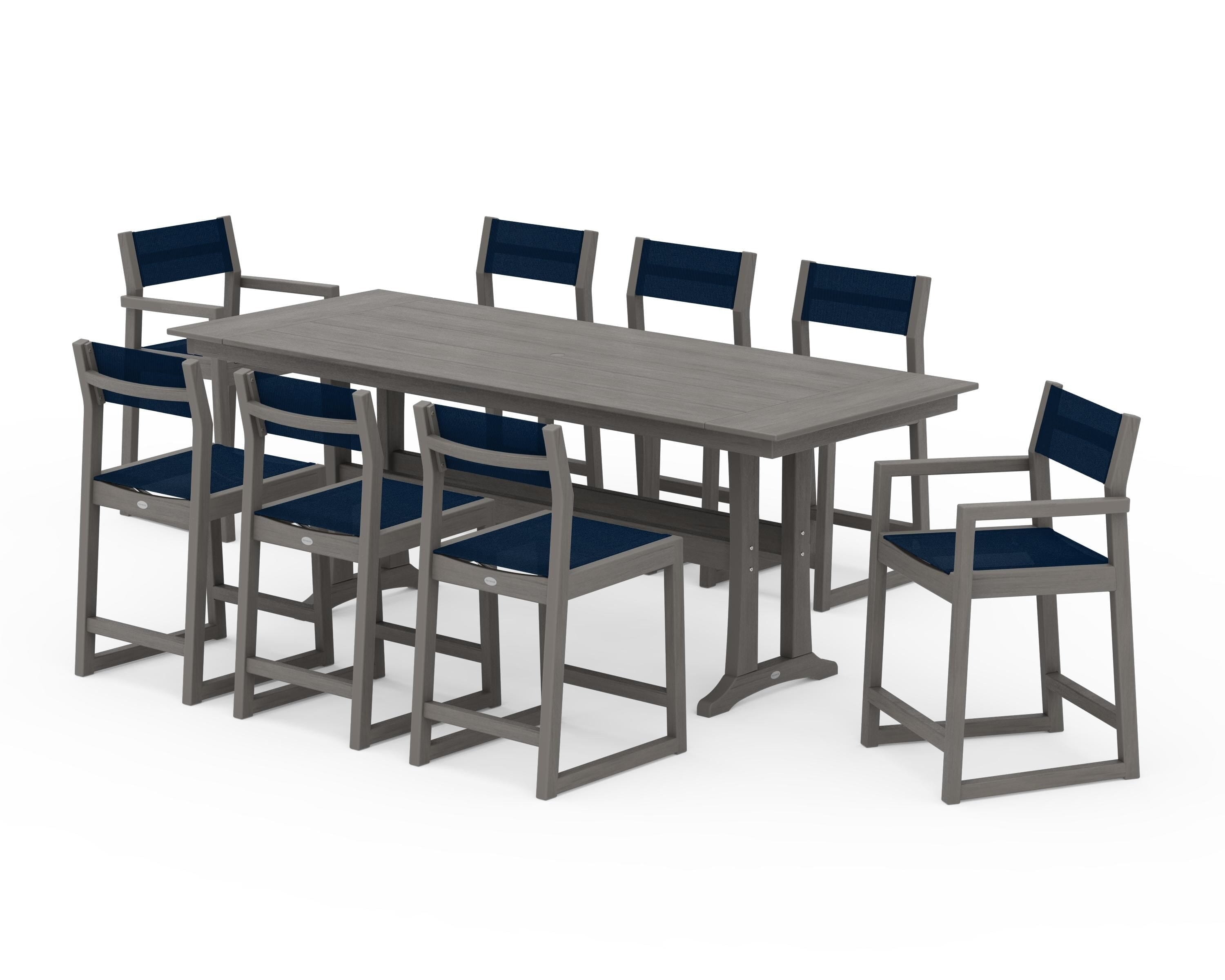 POLYWOOD EDGE Sling 9-Piece Farmhouse Counter Set with Trestle Legs in Driftwood / Navy Blue Sling