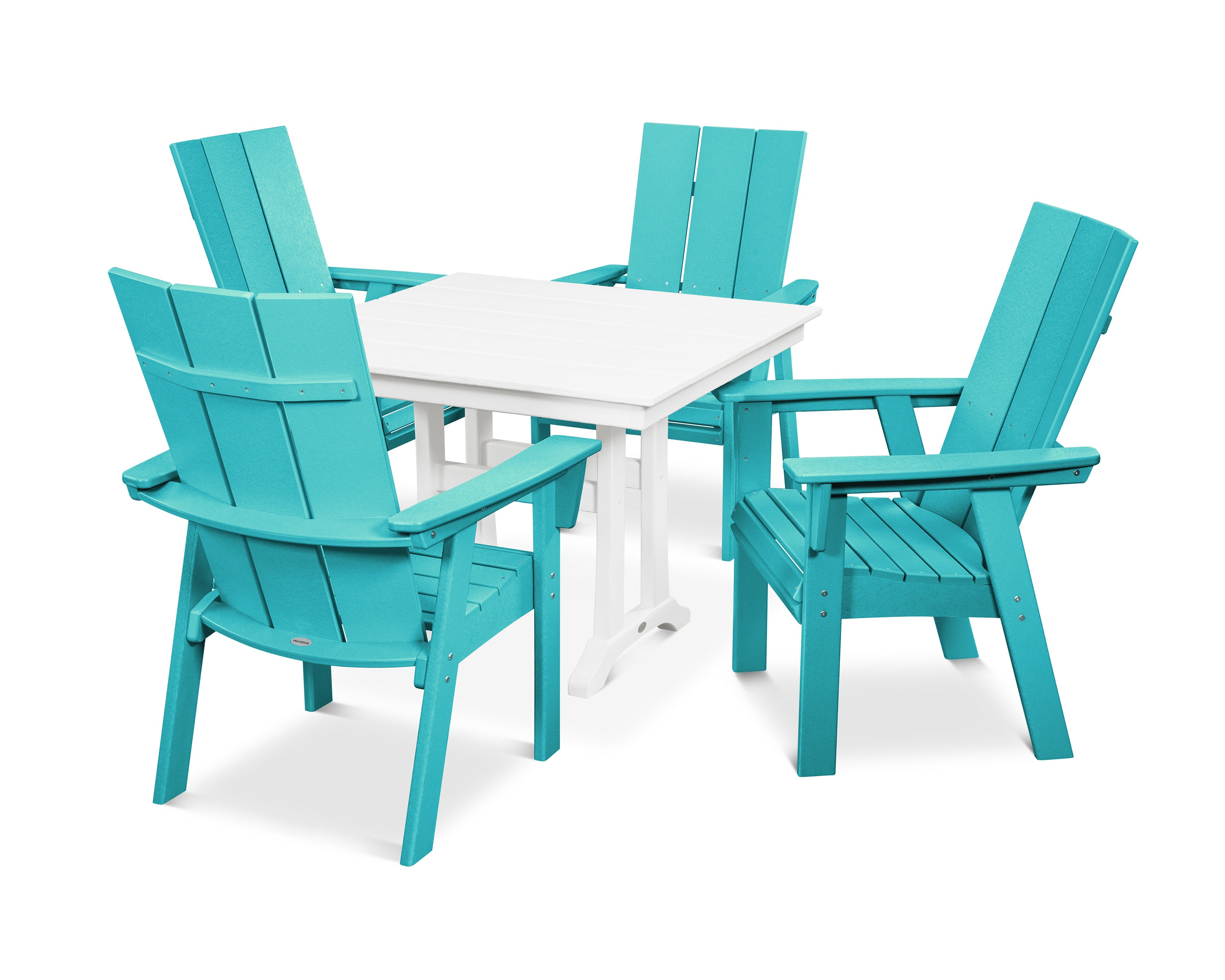 POLYWOOD® Modern Curveback Adirondack 5-Piece Farmhouse Trestle Dining Set in Aruba / White