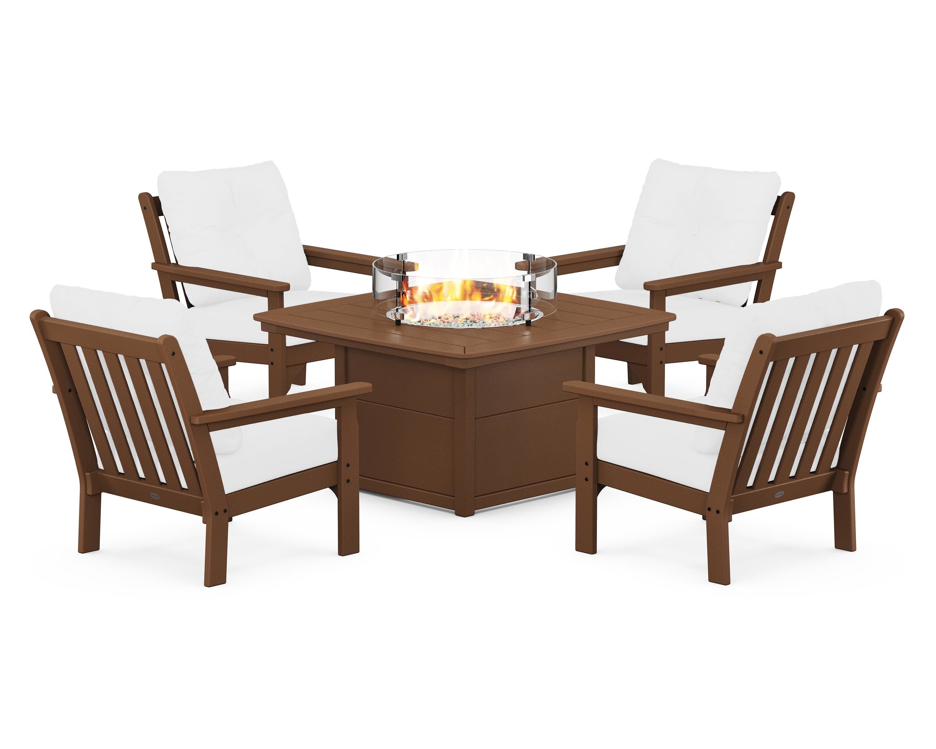 POLYWOOD Vineyard 5-Piece Conversation Set with Fire Pit Table in Teak / Natural