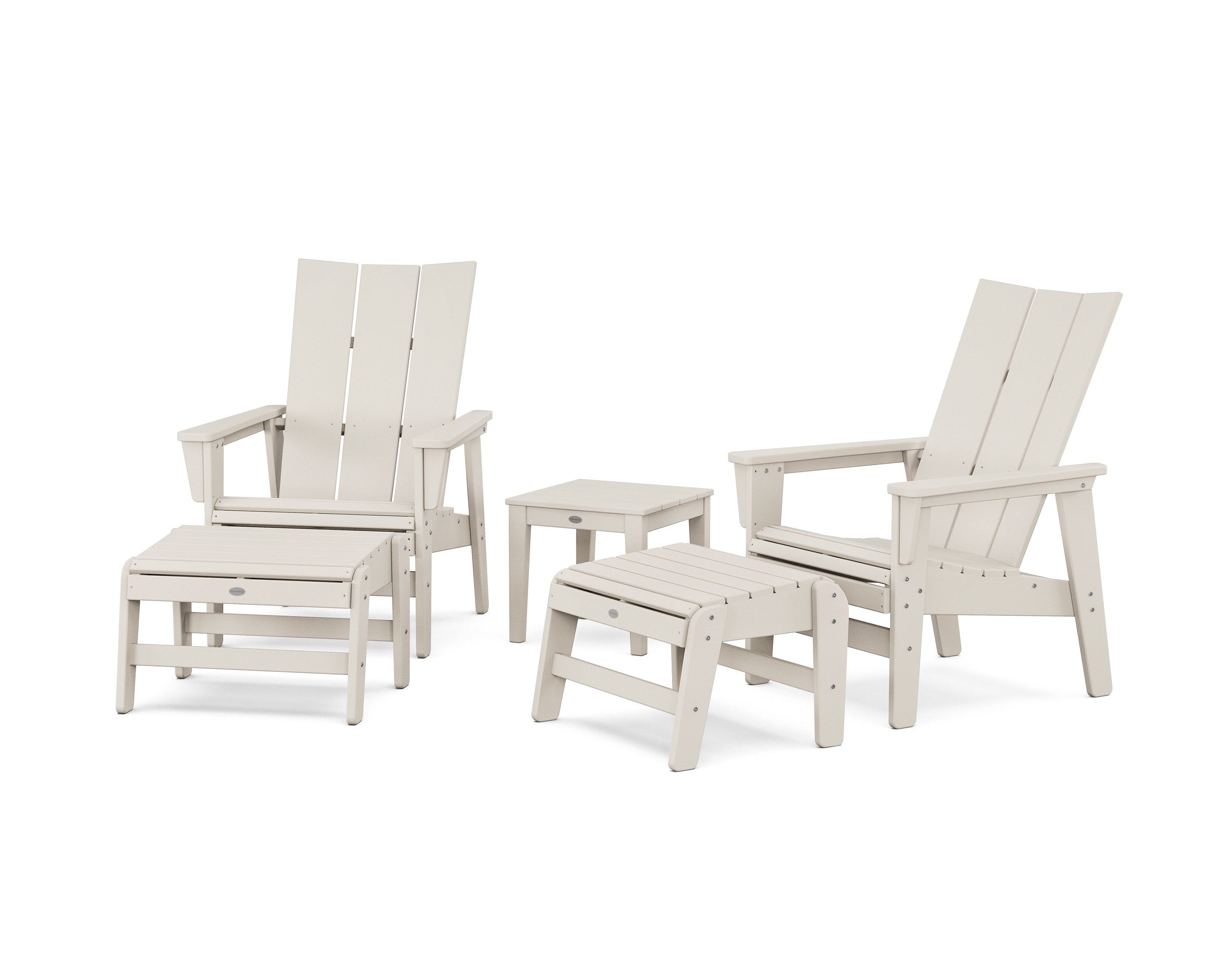 POLYWOOD® 5-Piece Modern Grand Upright Adirondack Set with Ottomans and Side Table in Sand