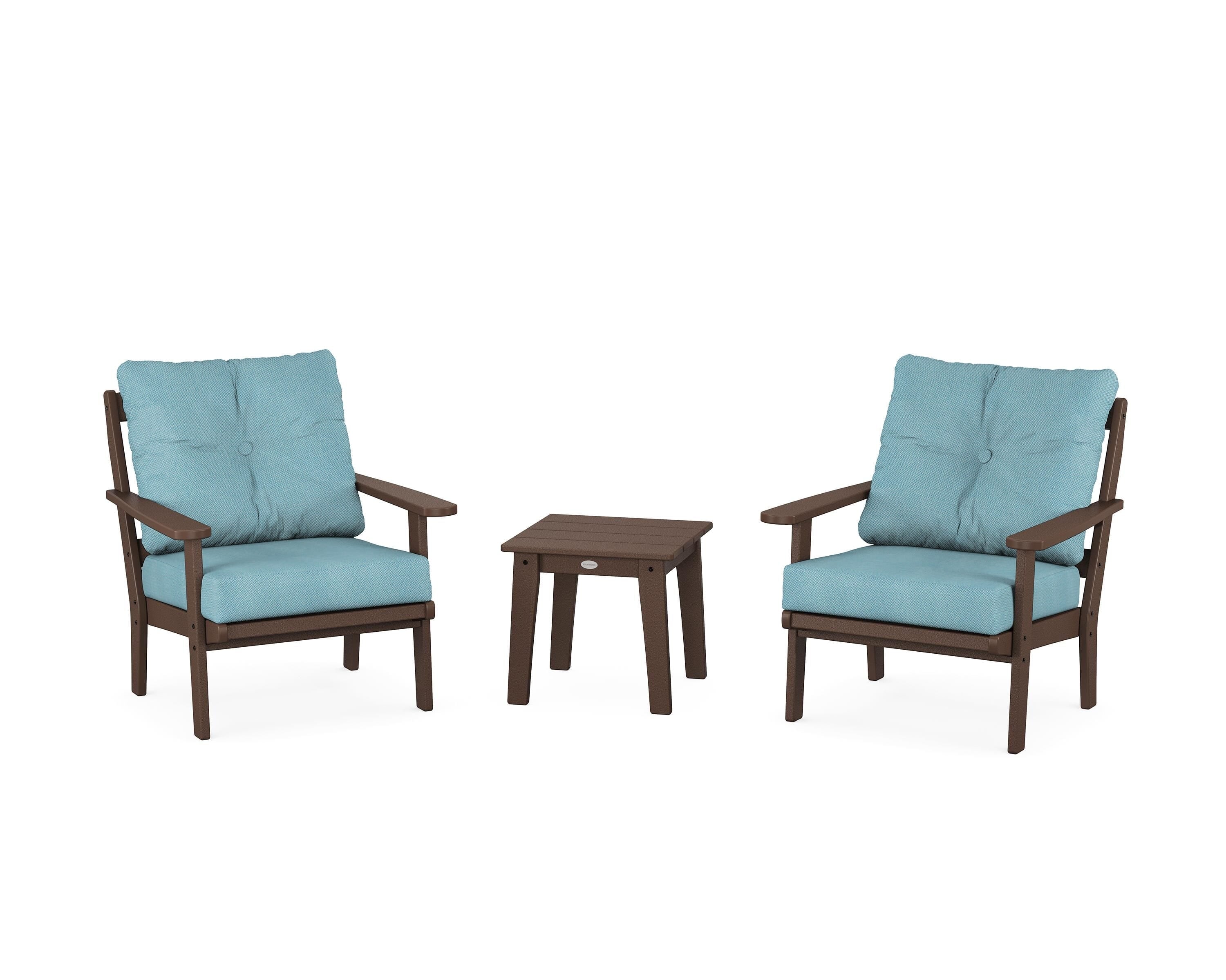 POLYWOOD Mission 3-Piece Deep Seating Set in Mahogany / Lattice Sky Blue