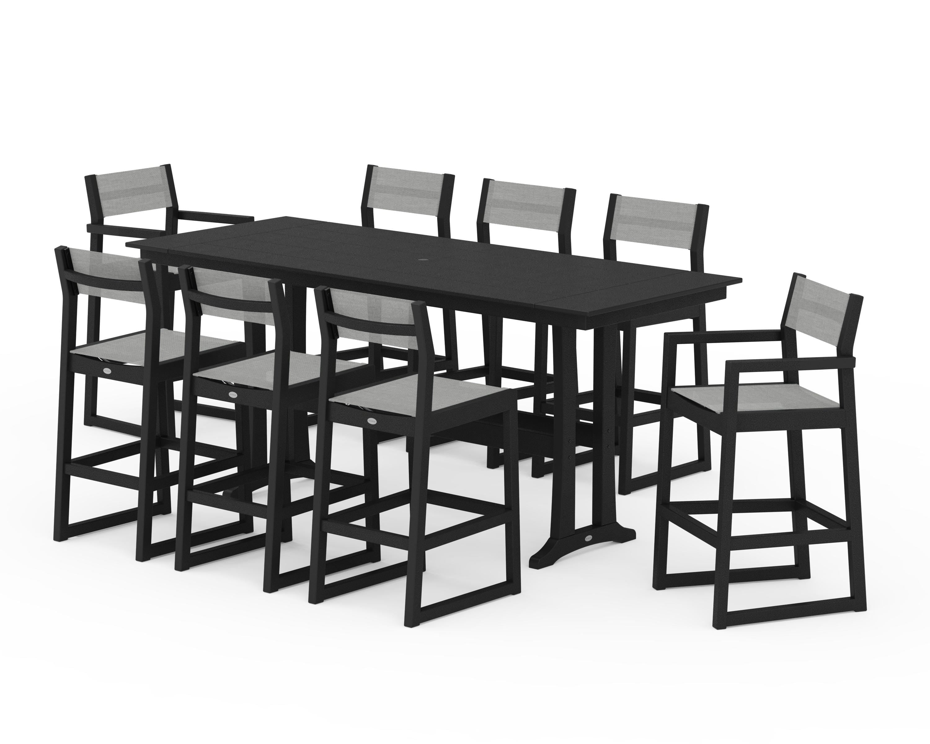 POLYWOOD EDGE Sling 9-Piece Farmhouse Bar Set with Trestle Legs in Black / Metallic Sling