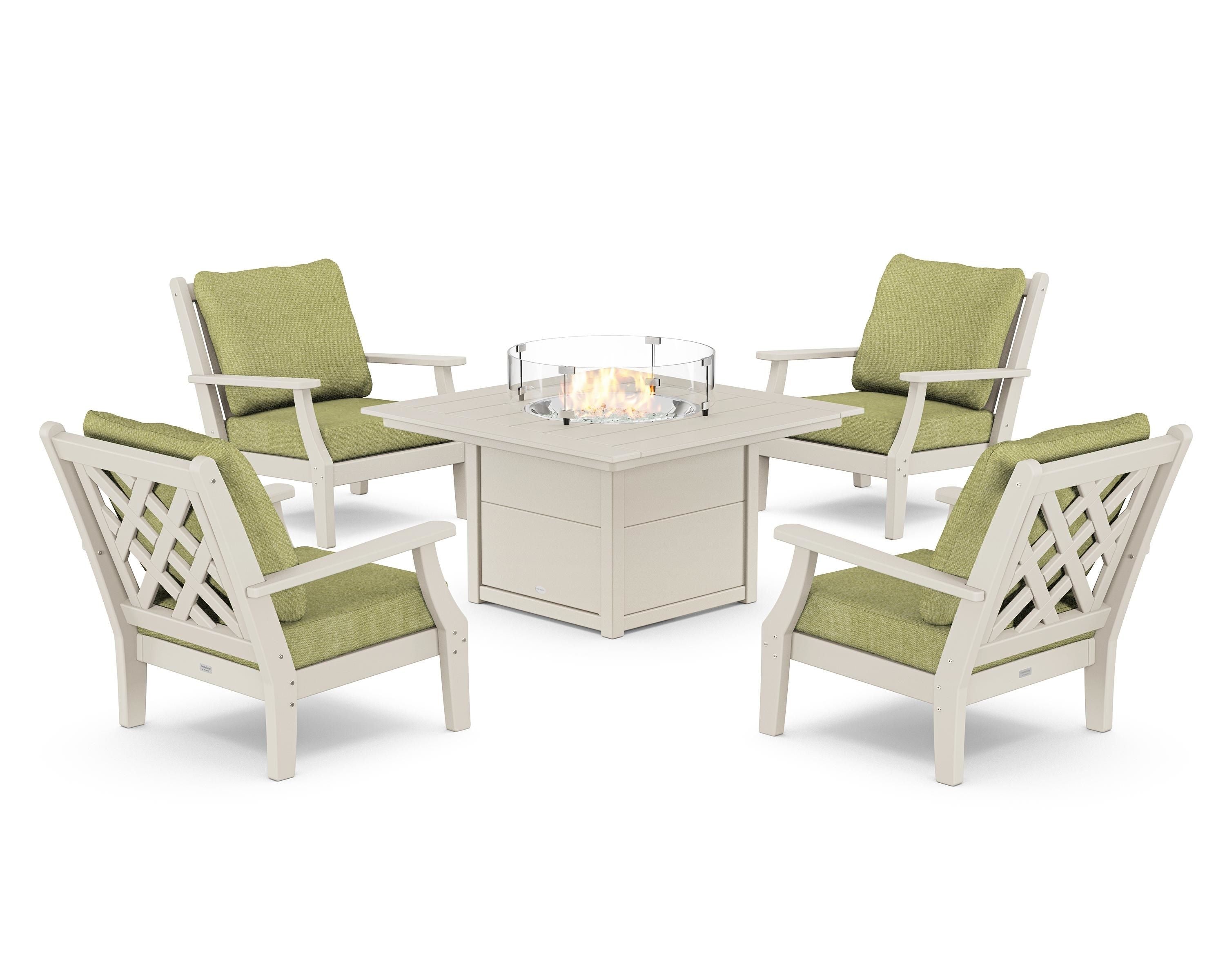 Country Living Wovendale 5-Piece Deep Seating Set with Fire Pit Table in Sand / Chartreuse Boucle
