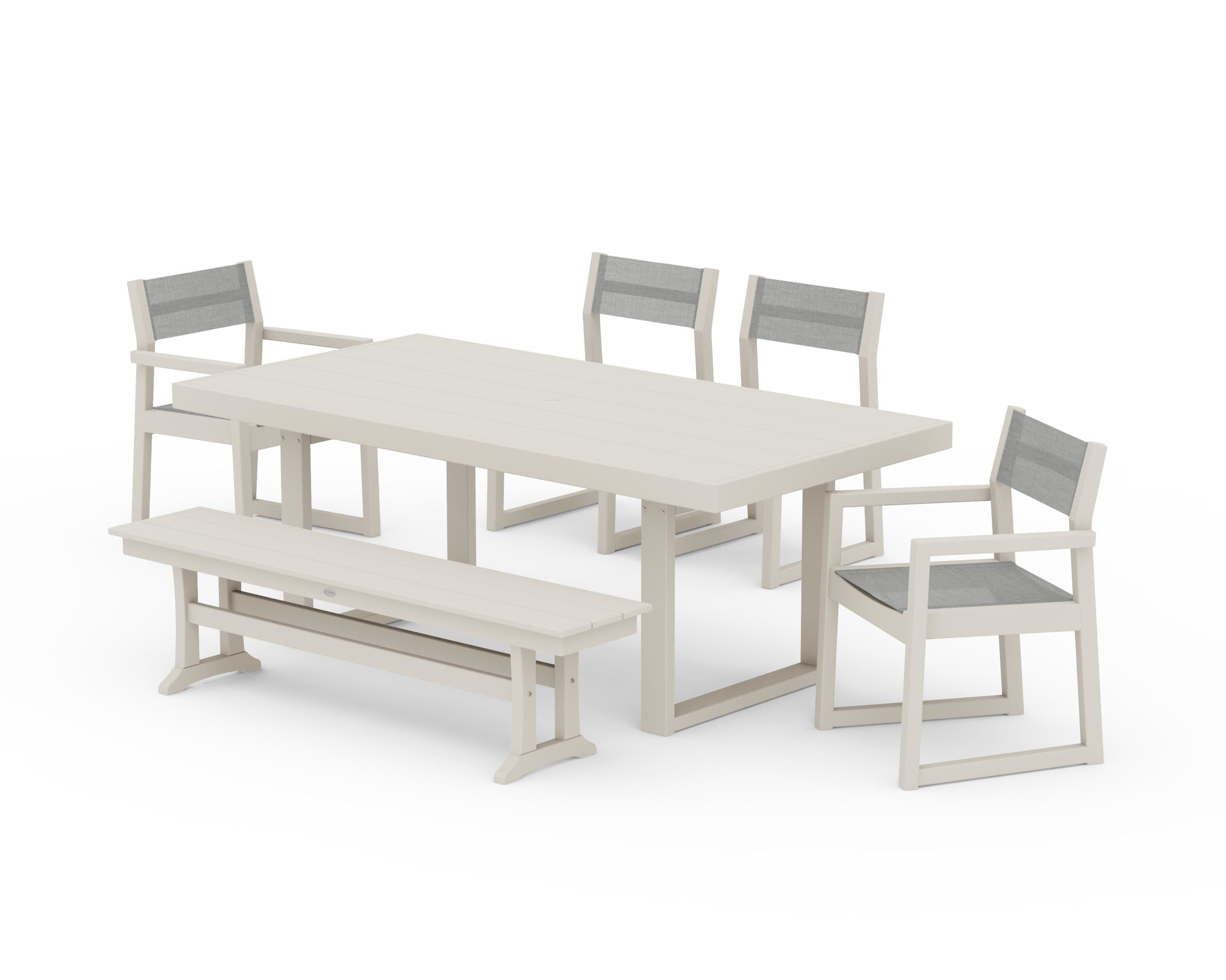 POLYWOOD EDGE Sling 6-Piece Dining Set with Bench in Sand / Metallic Sling