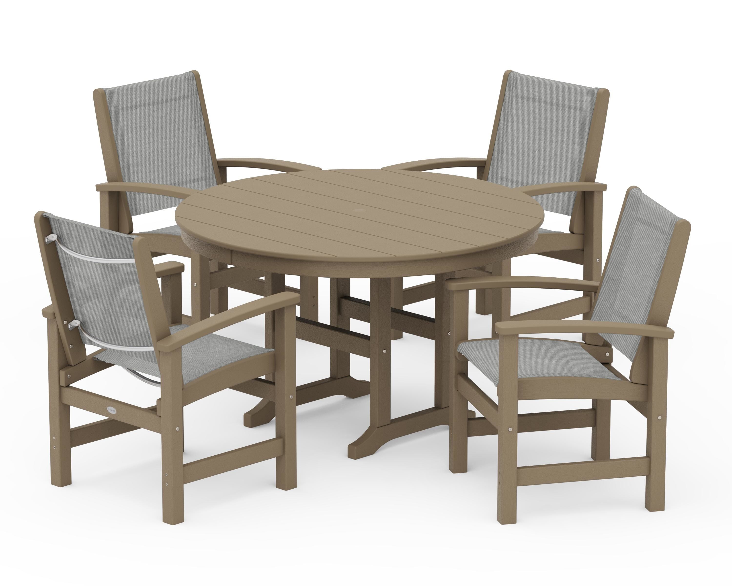 POLYWOOD Coastal 5-Piece Round Farmhouse Dining Set in Vintage Sahara / Metallic Sling
