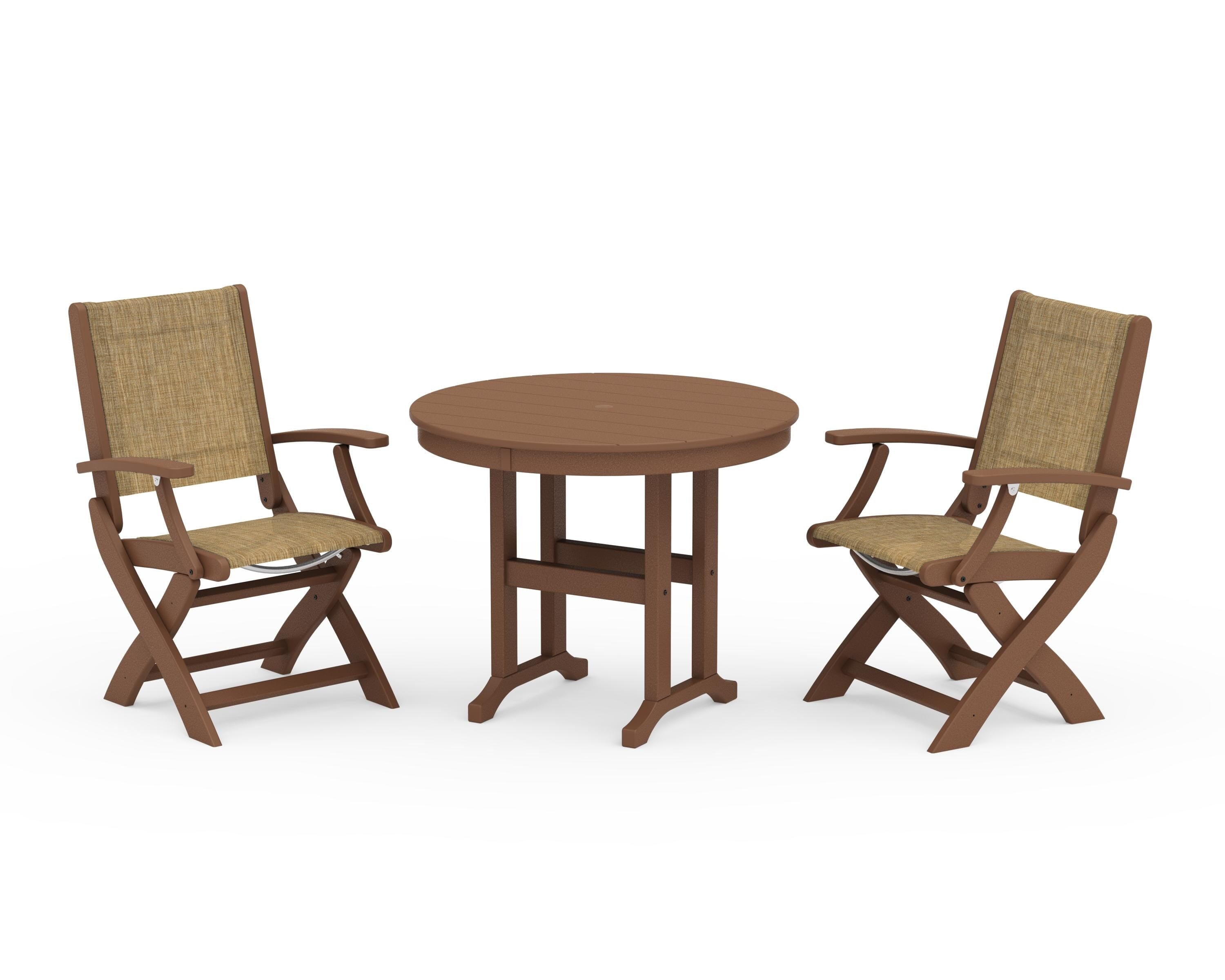 POLYWOOD Coastal Folding Chair 3-Piece Round Dining Set in Teak / Burlap Sling