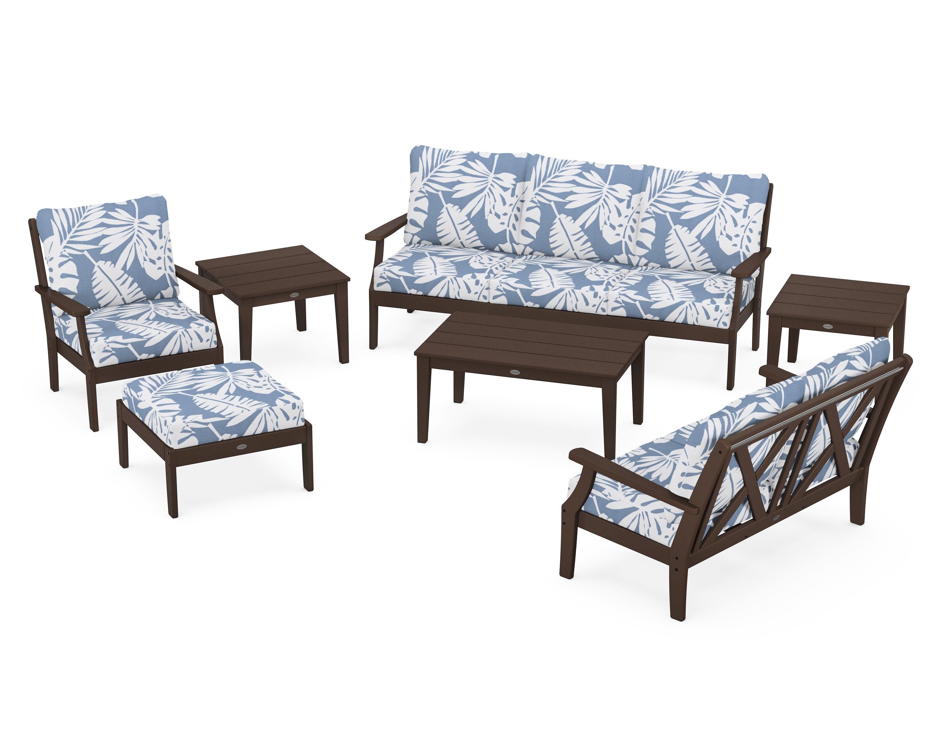 POLYWOOD Braxton 7-Piece Deep Seating Set in Mahogany / Leaf Sky Blue