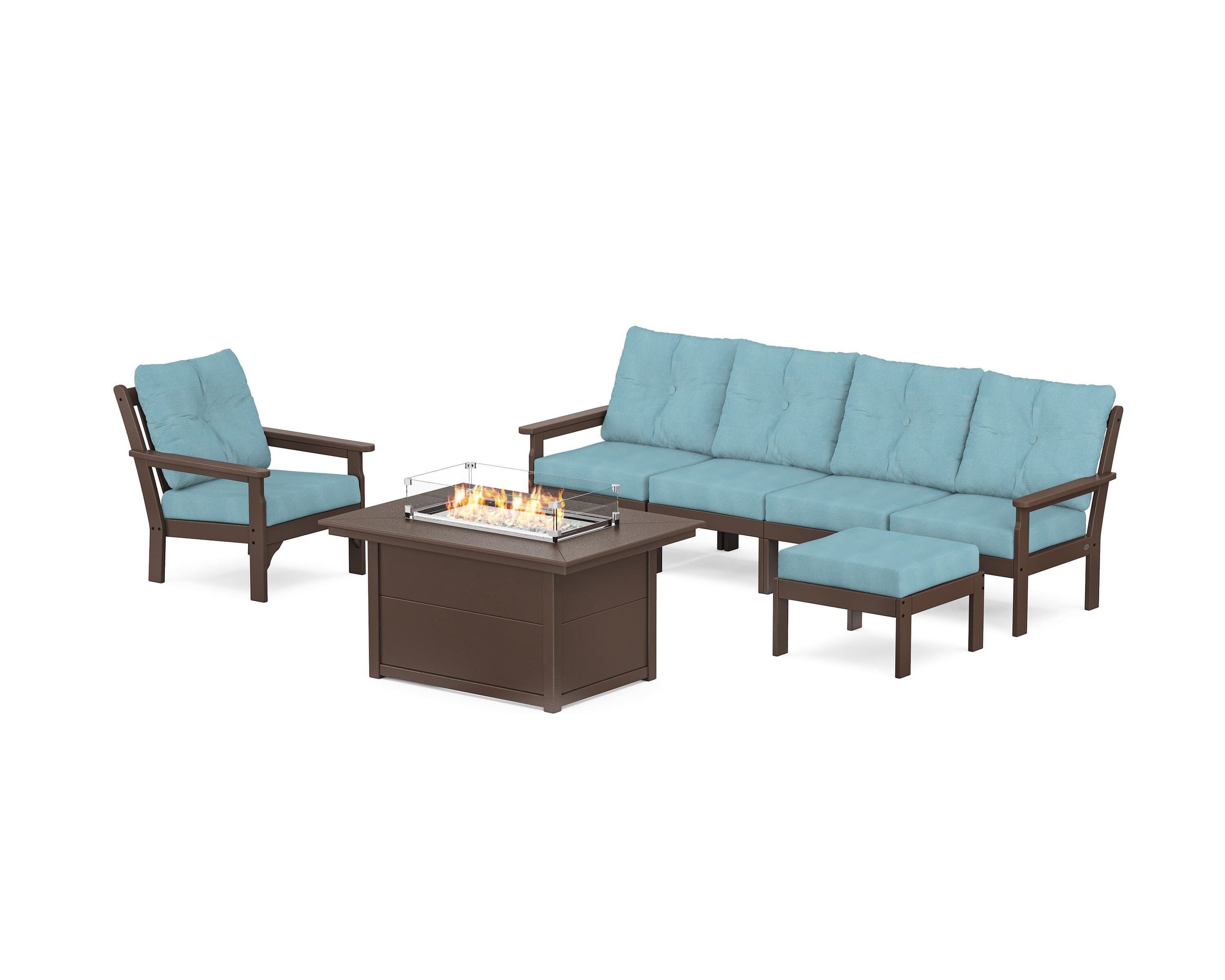 POLYWOOD Vineyard Sectional Lounge and Fire Pit Set in Mahogany / Lattice Sky Blue
