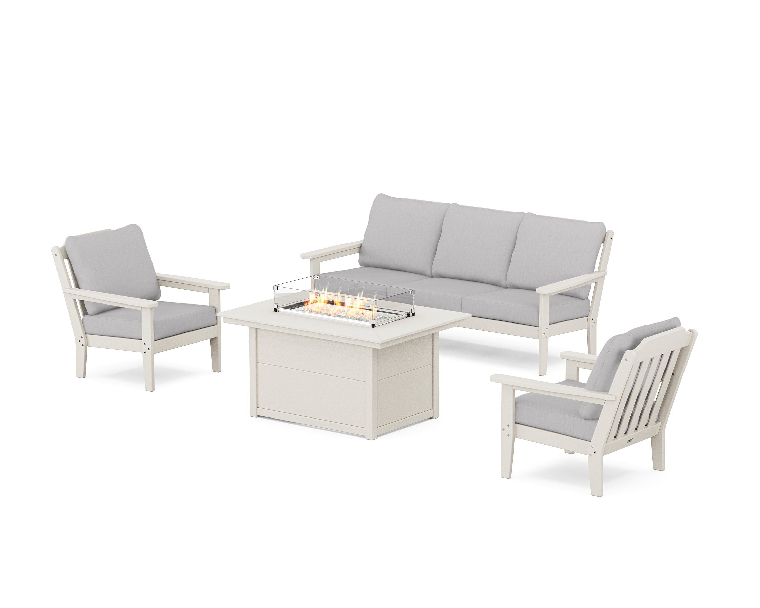 Country Living Cottage Deep Seating Fire Pit Table Set in Sand / Granite