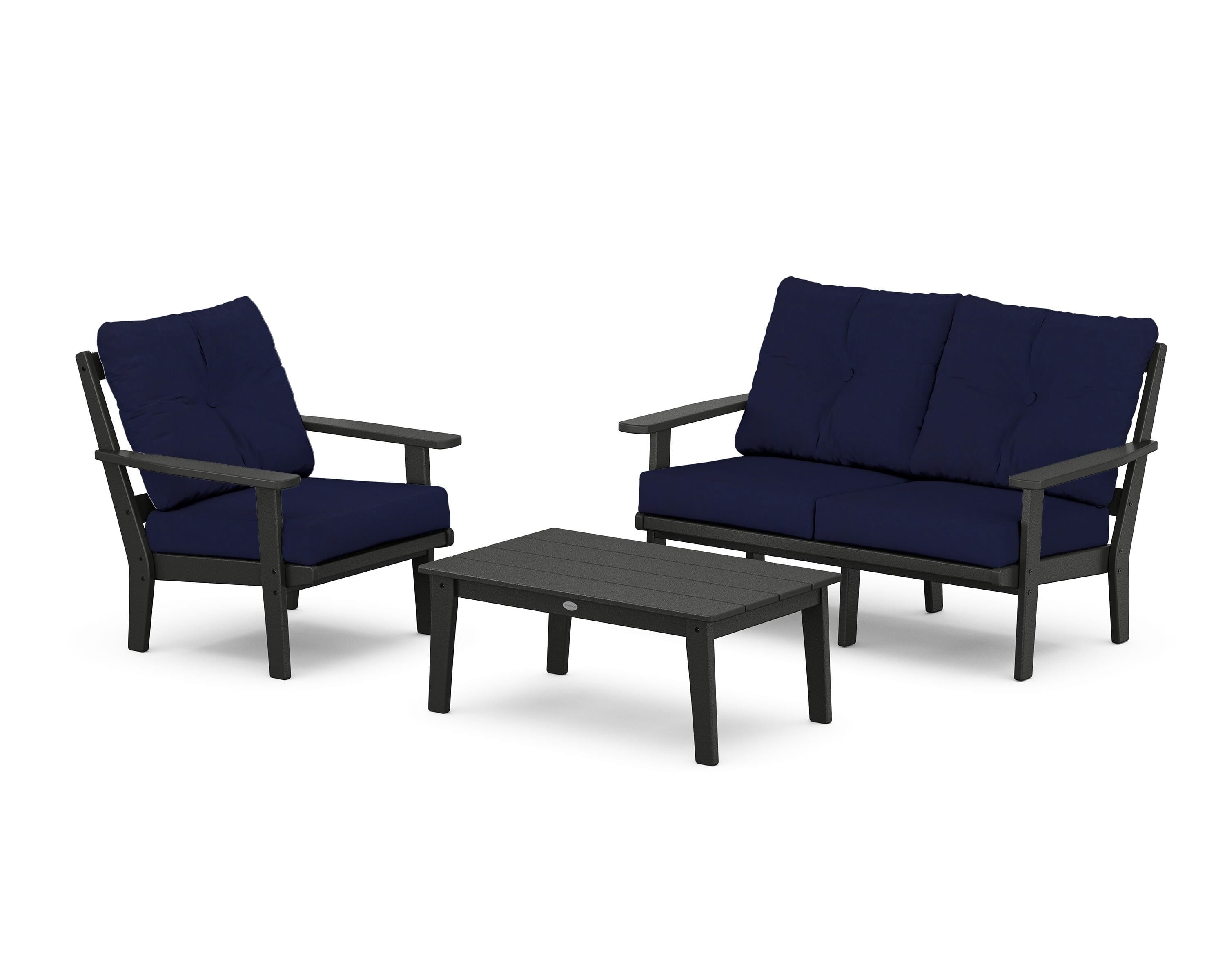 POLYWOOD Prairie 3-Piece Deep Seating Set with Loveseat in Black / Navy
