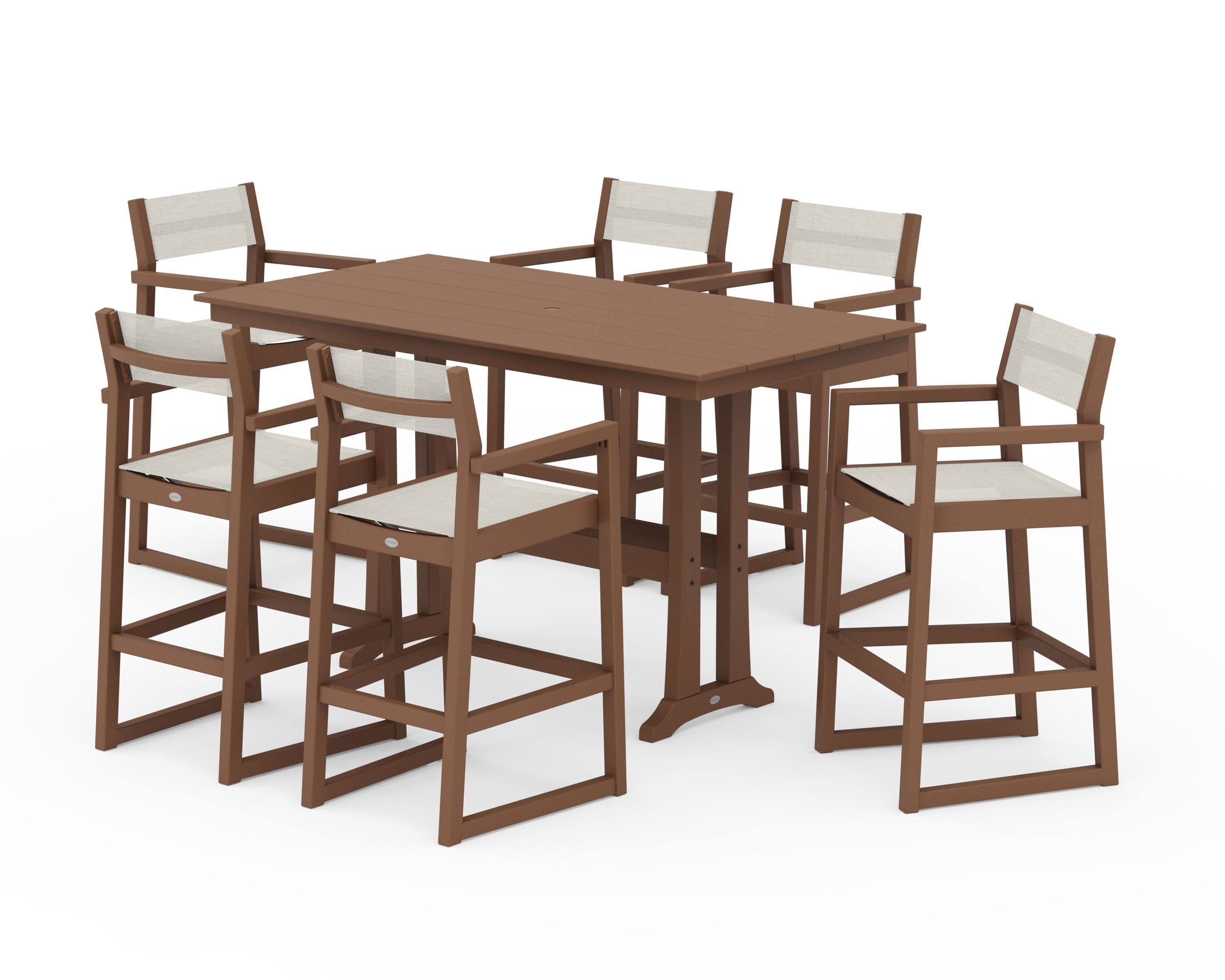 POLYWOOD EDGE Sling Arm Chair 7-Piece Farmhouse Bar Set with Trestle Legs in Teak / Parchment Sling