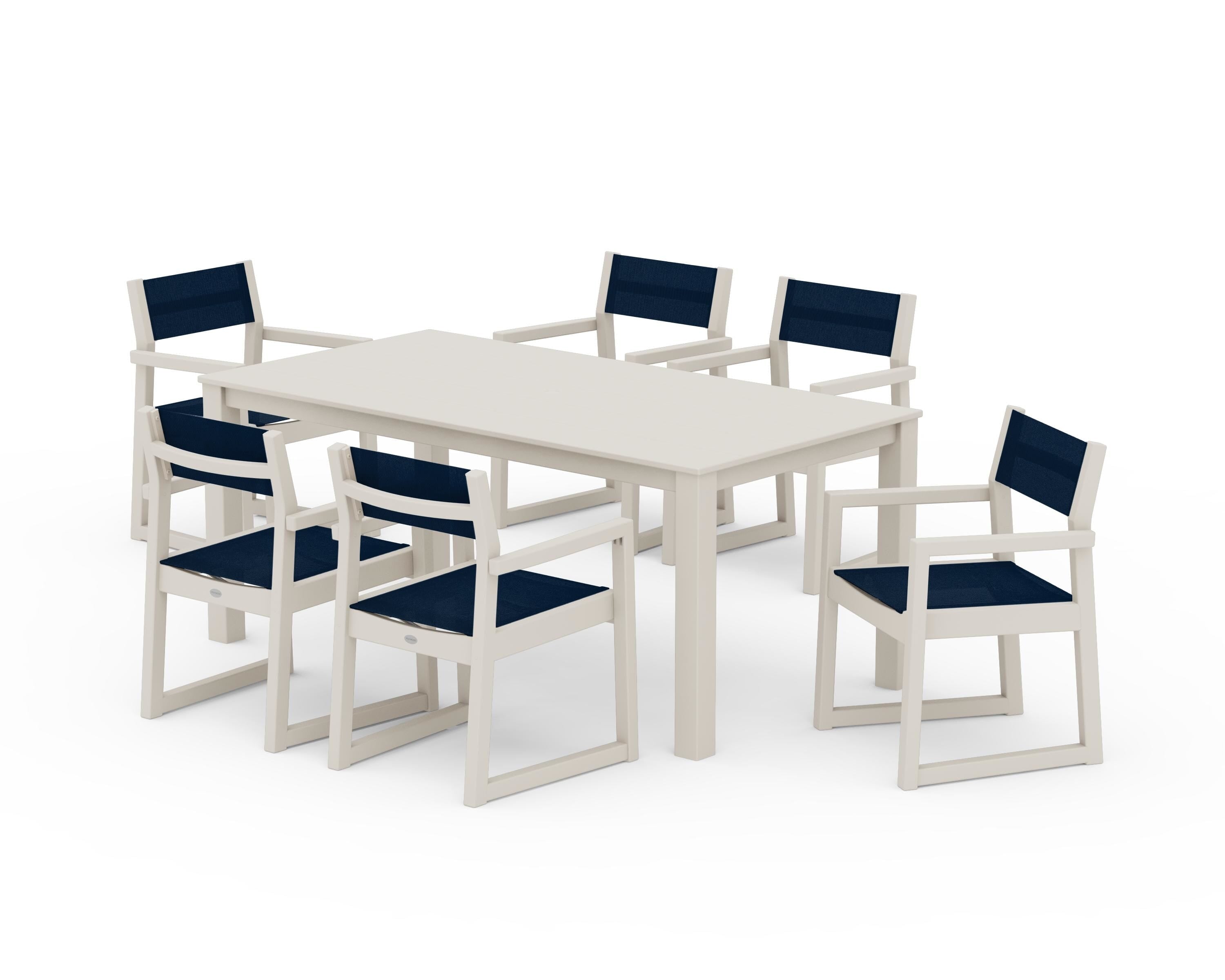 POLYWOOD EDGE Sling Arm Chair 7-Piece Parsons Dining Set in Sand / Navy Blue Sling