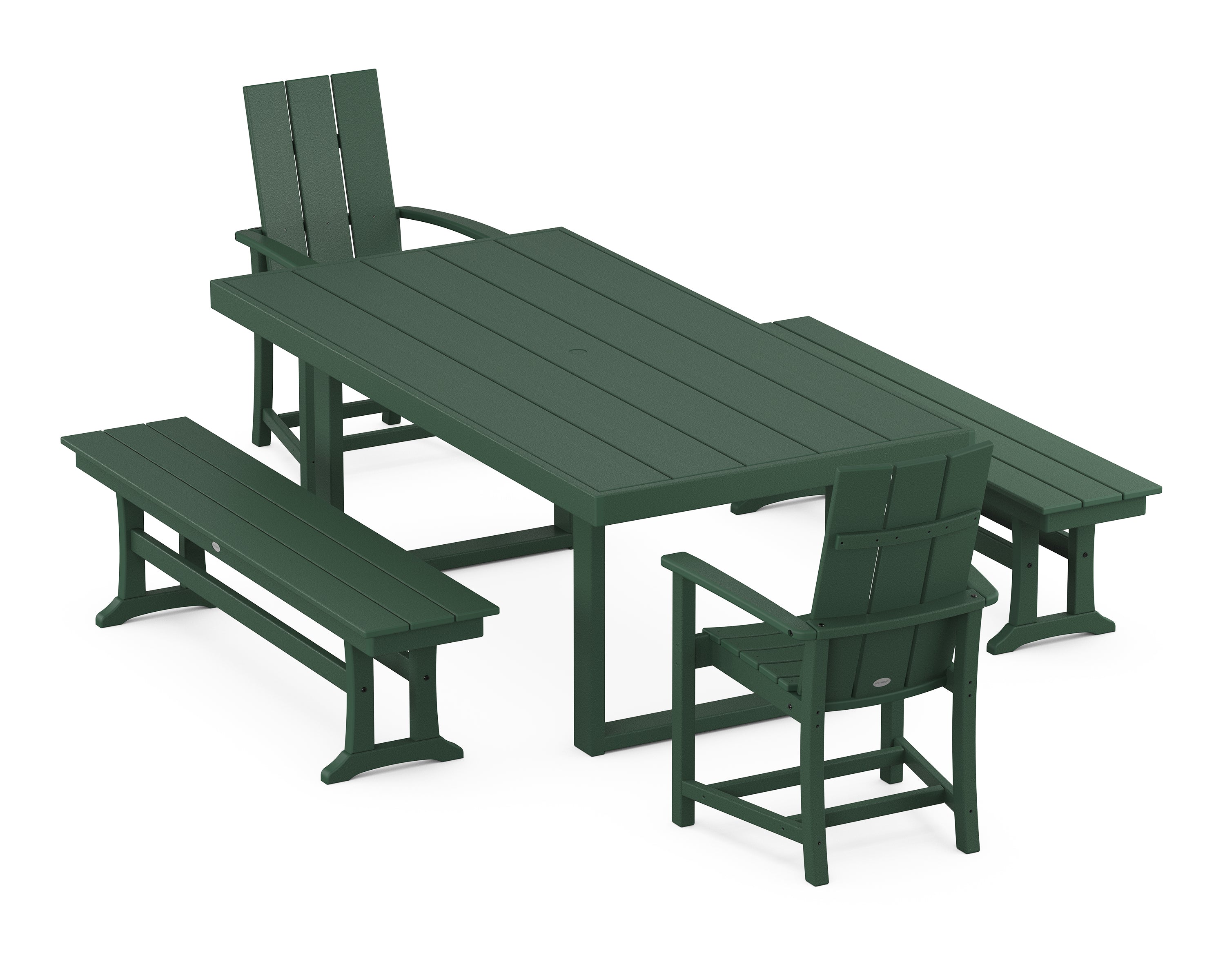 POLYWOOD® Modern Adirondack 5-Piece Dining Set with Benches in Green