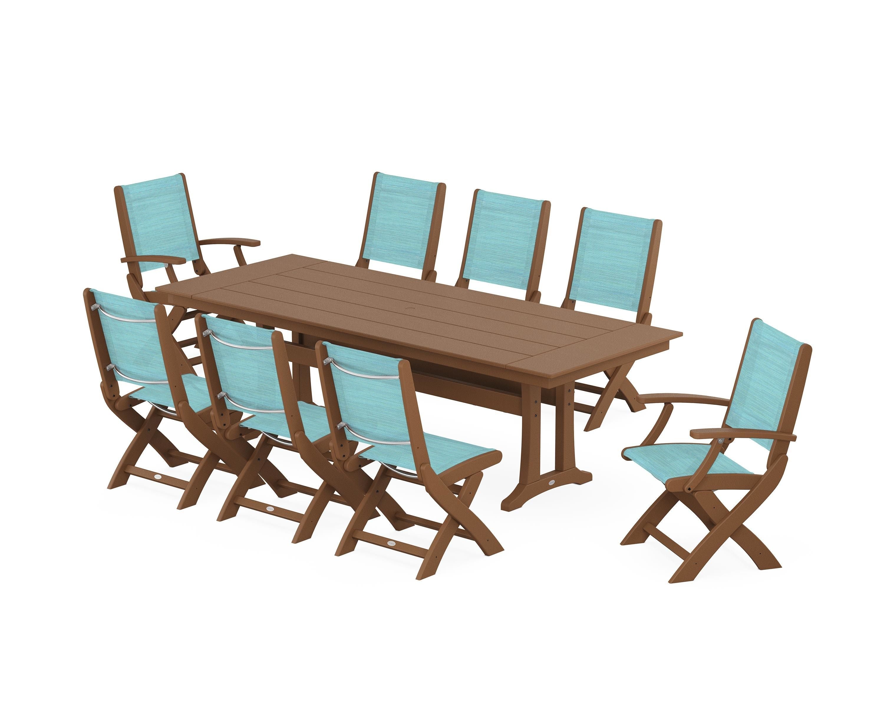 POLYWOOD Coastal 9-Piece Folding Dining Chair Farmhouse Dining Set with Trestle Legs in Teak / Dupioni Aquamarine Sling