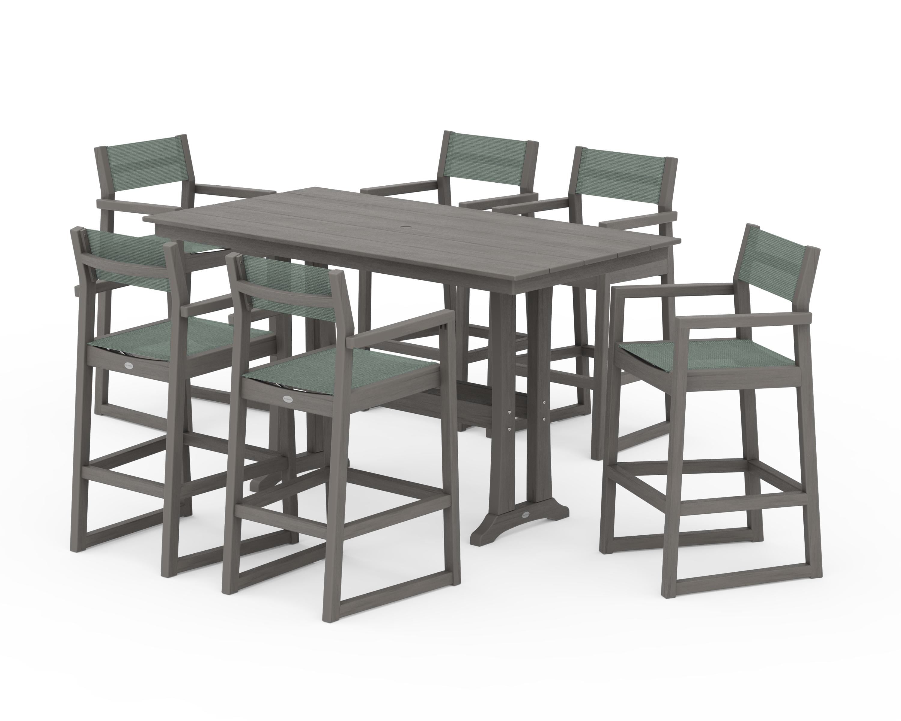 POLYWOOD EDGE Sling Arm Chair 7-Piece Farmhouse Bar Set with Trestle Legs in Driftwood / Dupioni Sea Mist Sling