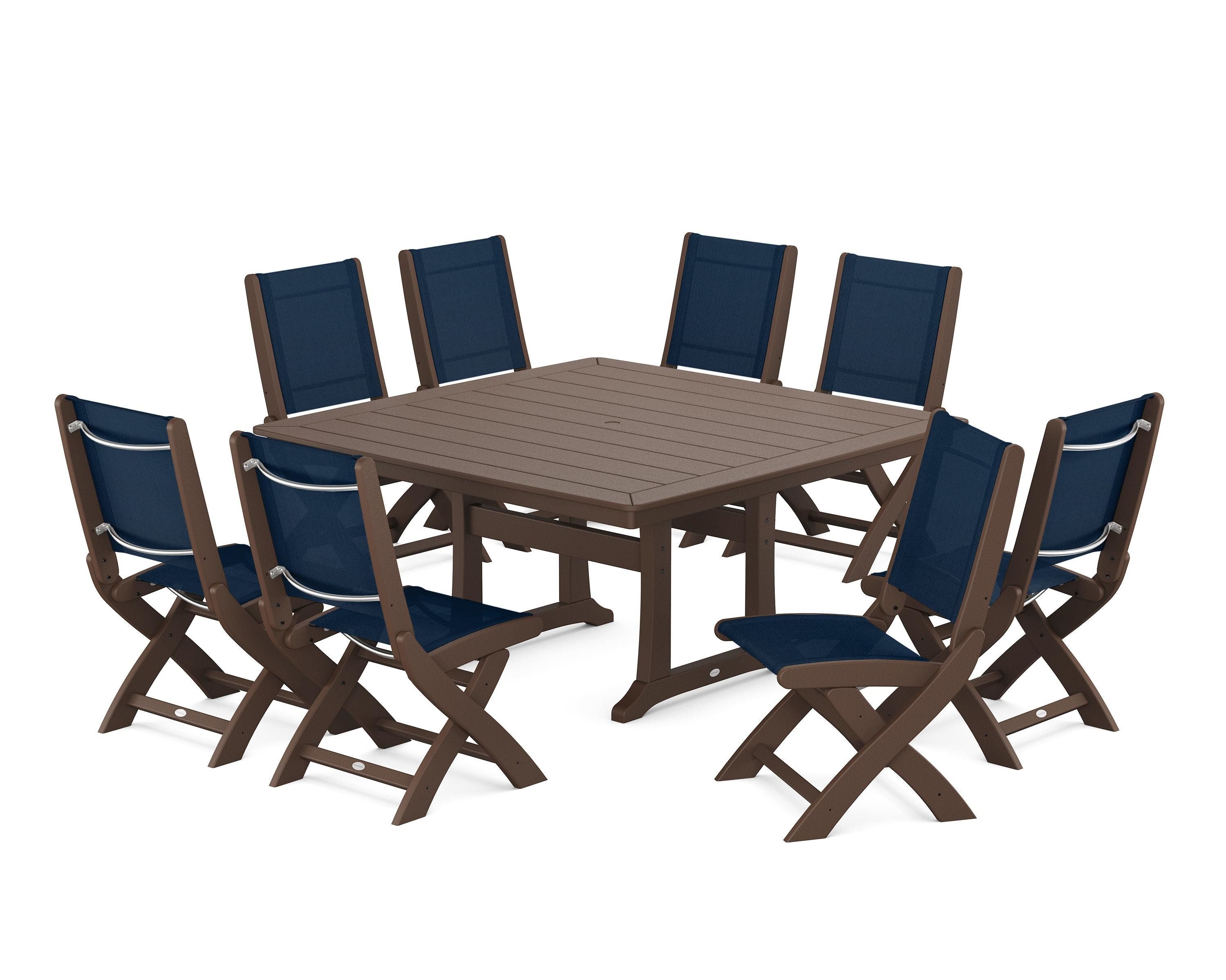 POLYWOOD Coastal Folding Side Chair 9-Piece Dining Set with Trestle Legs in Mahogany / Navy Blue Sling