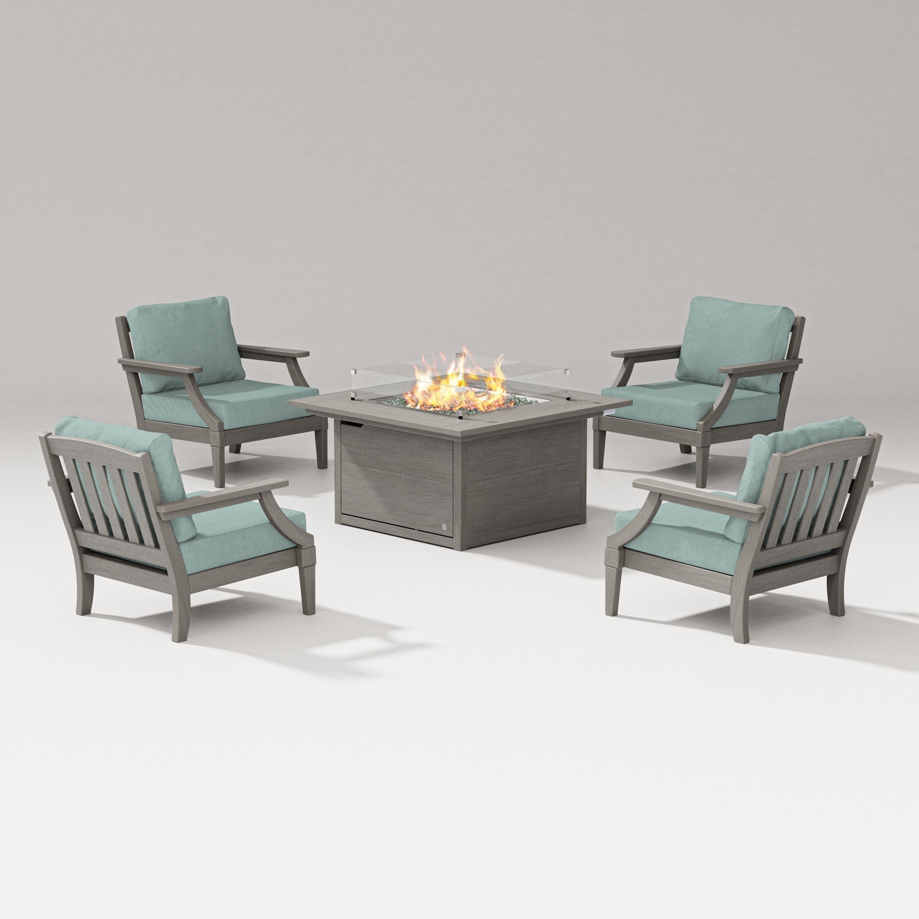 PW Designer Series Estate 5-Piece Lounge Fire Table Set in Driftwood / Glacier Spa