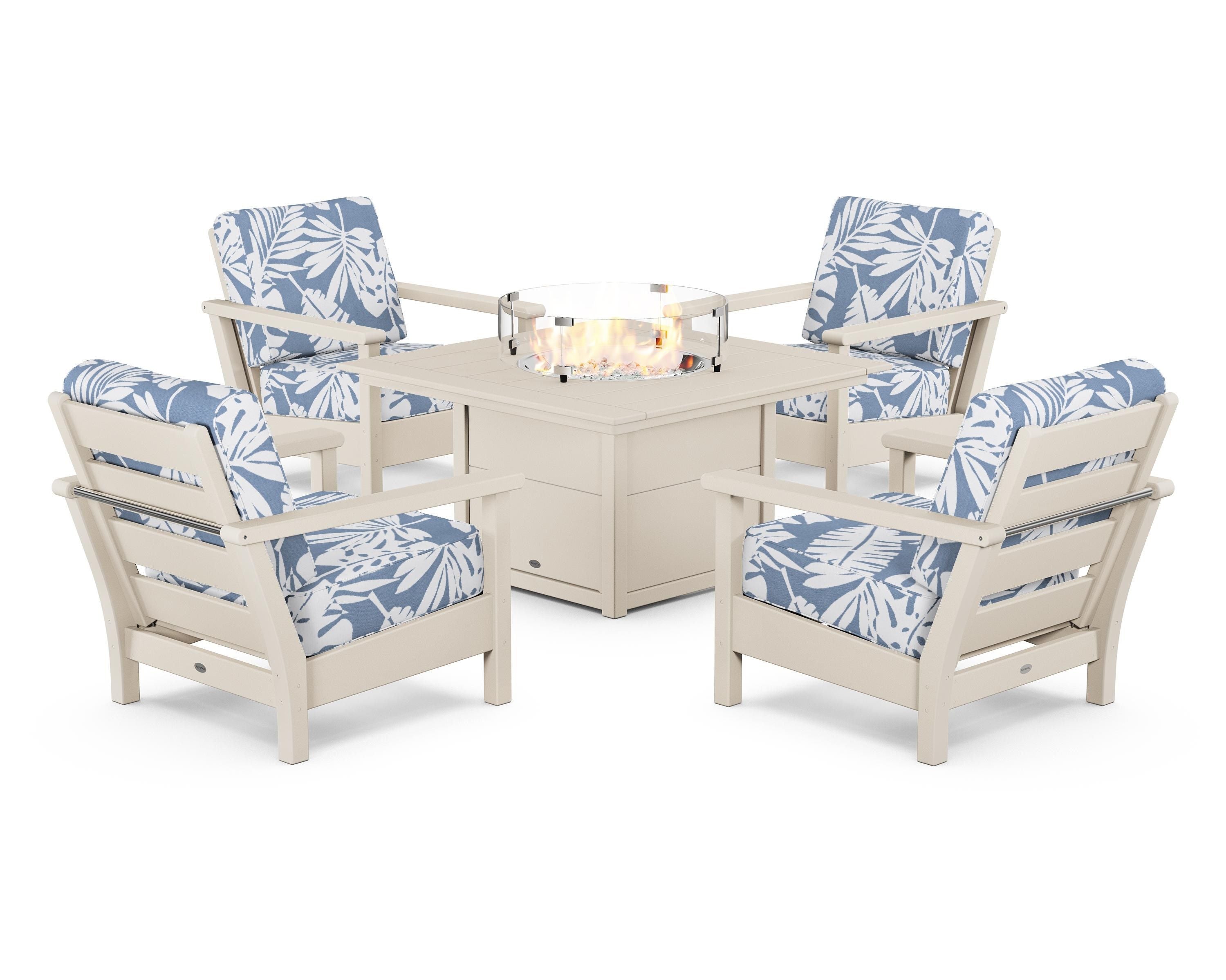 POLYWOOD Harbour 5-Piece Conversation Set with Fire Pit Table in Sand / Leaf Sky Blue