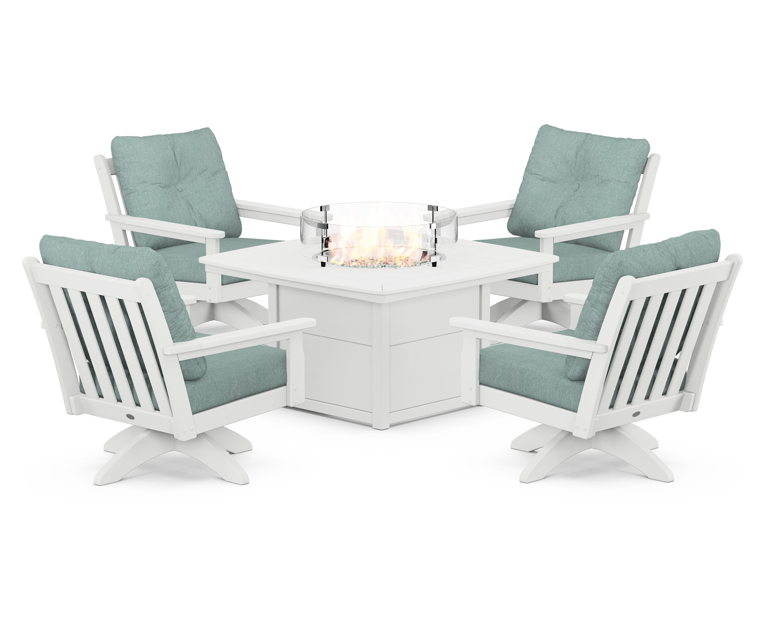 POLYWOOD Vineyard 5-Piece Deep Seating Swivel Conversation Set with Fire Pit Table in White / Glacier Spa