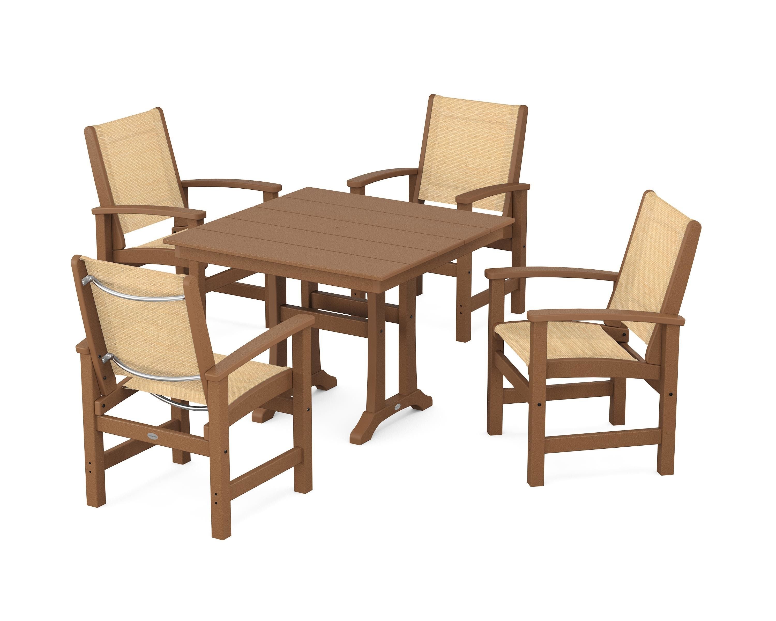 POLYWOOD Coastal 5-Piece Farmhouse Dining Set With Trestle Legs in Teak / Dupioni Apricot Sling