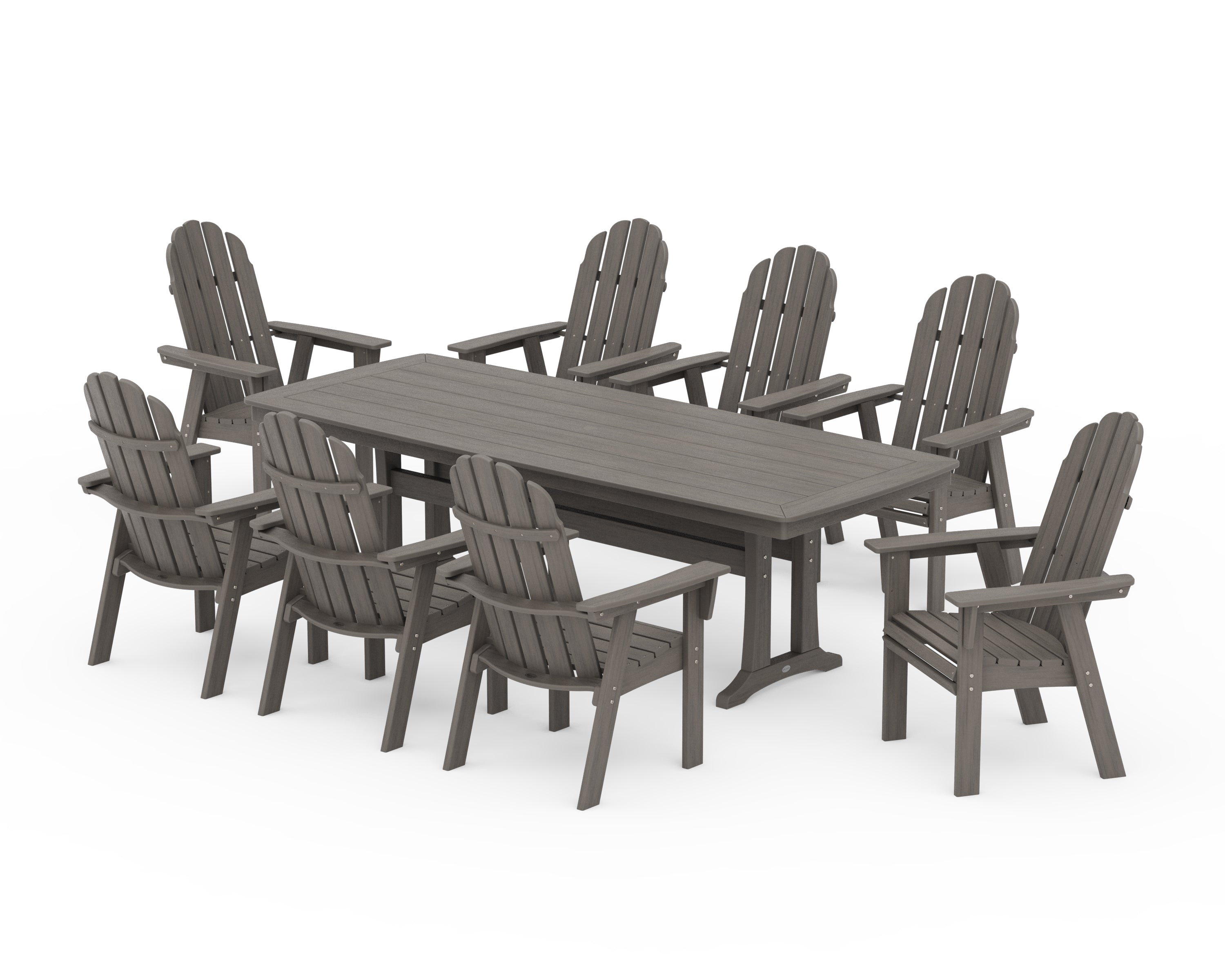 POLYWOOD Vineyard Curveback Adirondack 9-Piece Dining Set with Trestle Legs in Driftwood