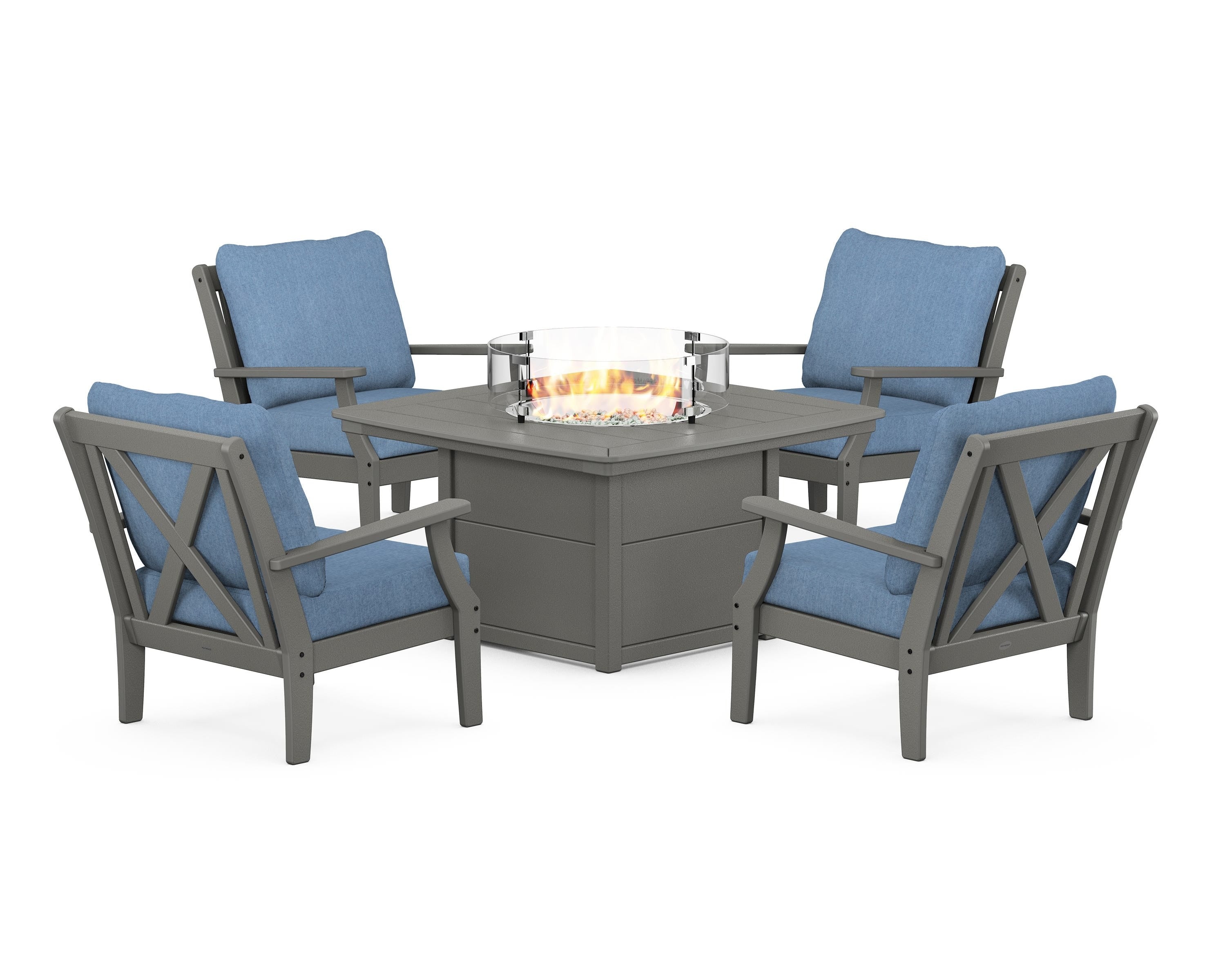 POLYWOOD Braxton 5-Piece Deep Seating Conversation Set with Fire Pit Table in Slate Grey / Sky Blue