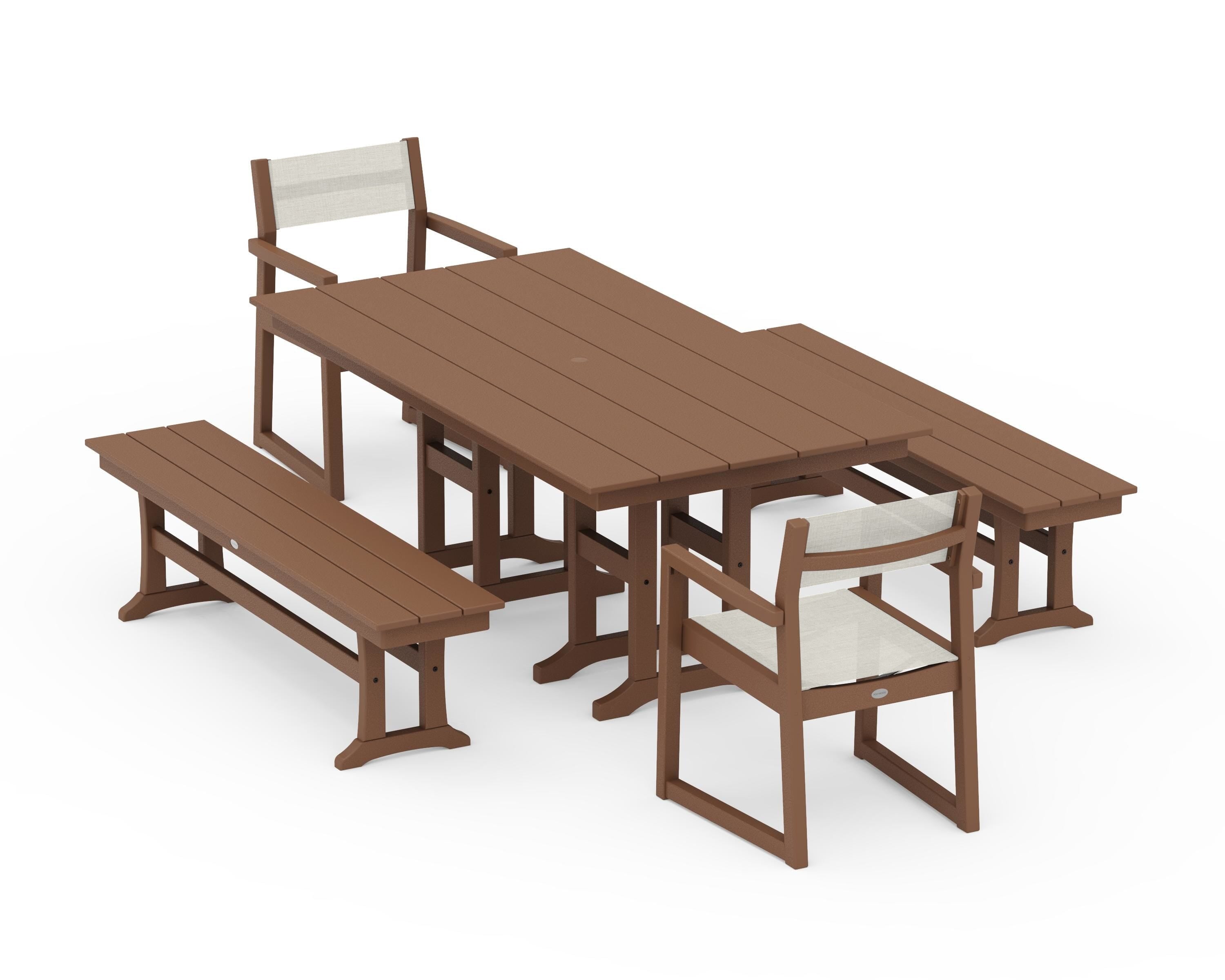 POLYWOOD EDGE Sling Arm Chair 5-Piece Farmhouse Dining Set with Benches in Teak / Parchment Sling