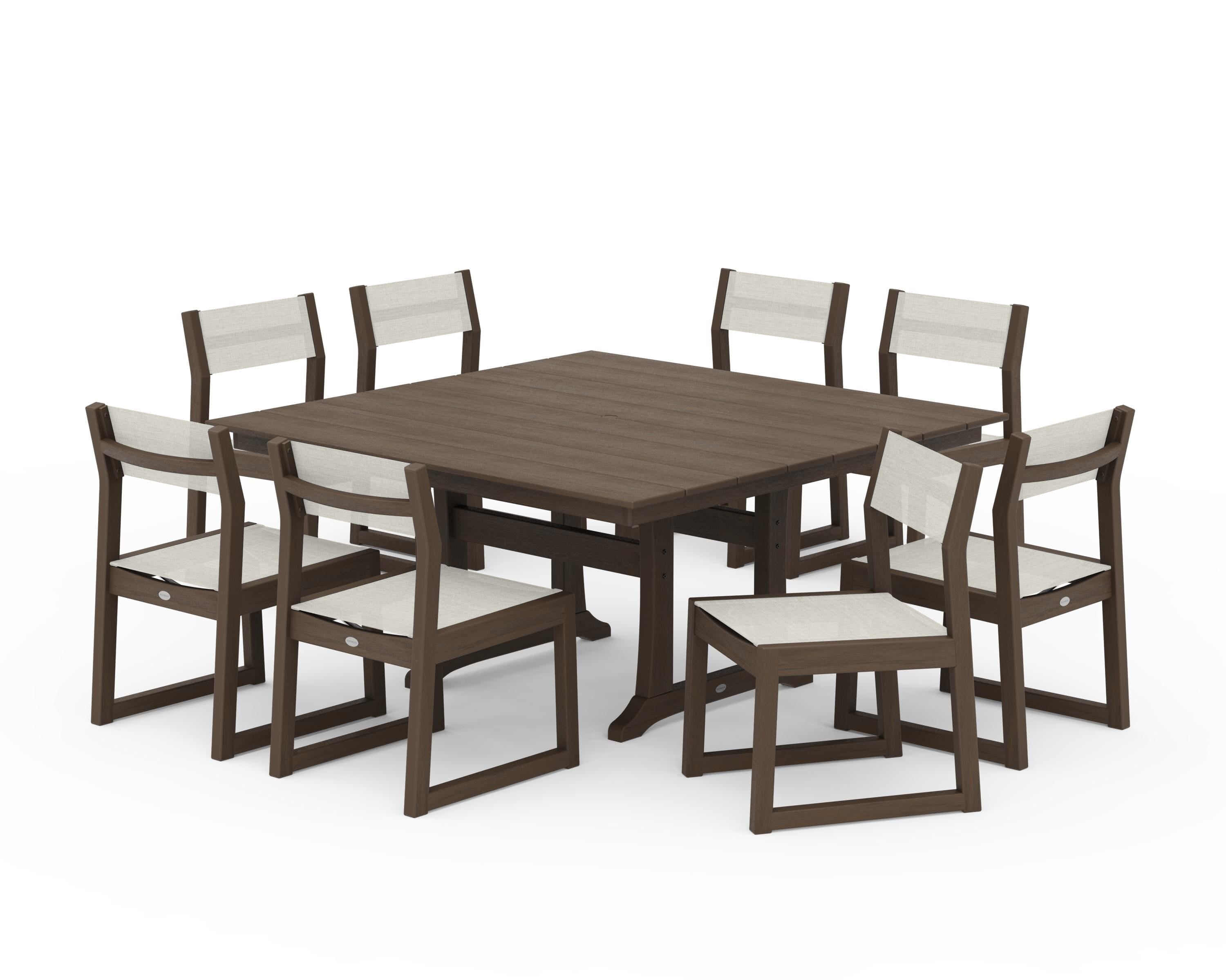 POLYWOOD EDGE Sling Side Chair 9-Piece Farmhouse Trestle Dining Set in Kona / Parchment Sling