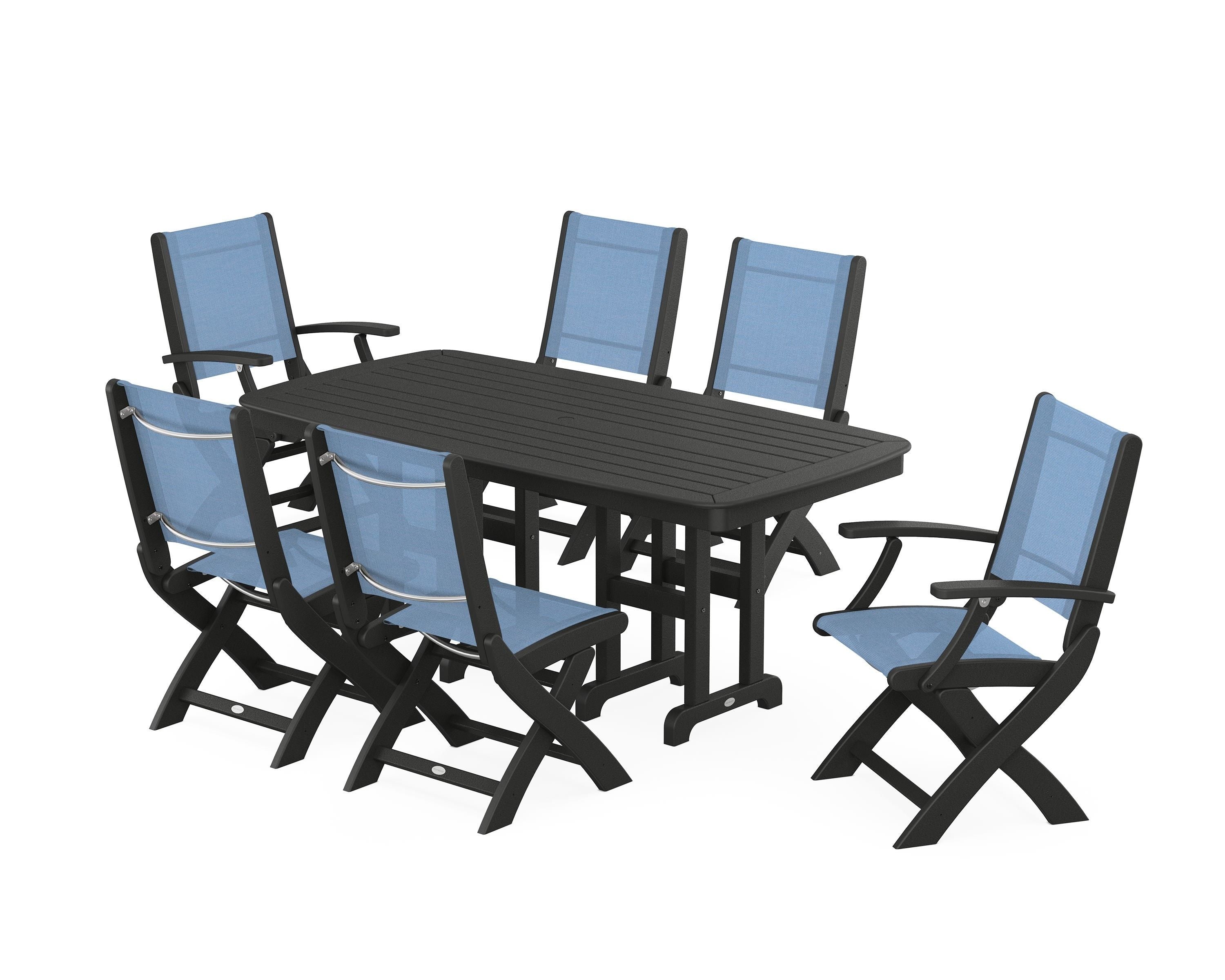 POLYWOOD Coastal Folding Chair 7-Piece Dining Set in Black / Poolside Sling