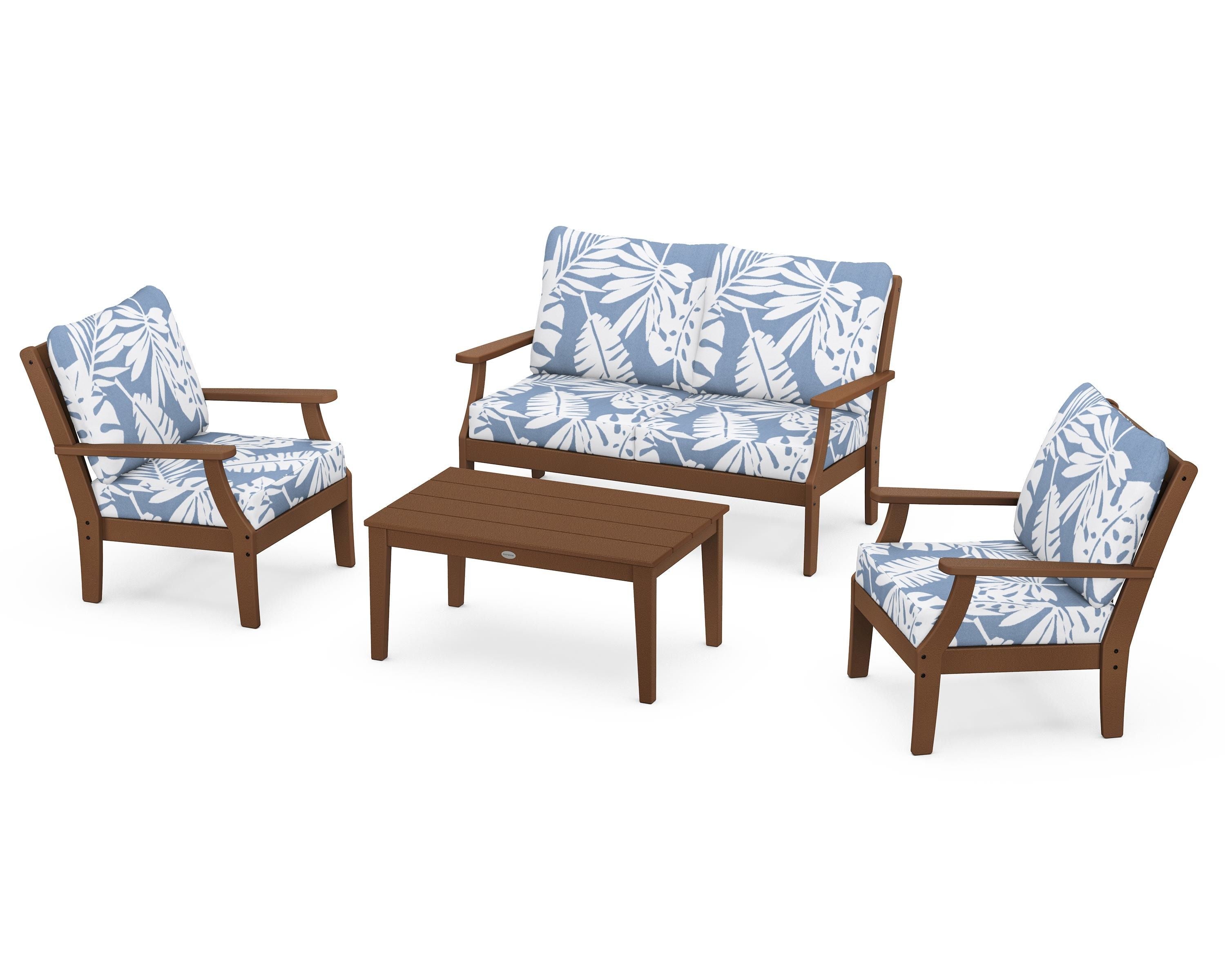 POLYWOOD Braxton 4-Piece Deep Seating Chair Set in Teak / Leaf Sky Blue