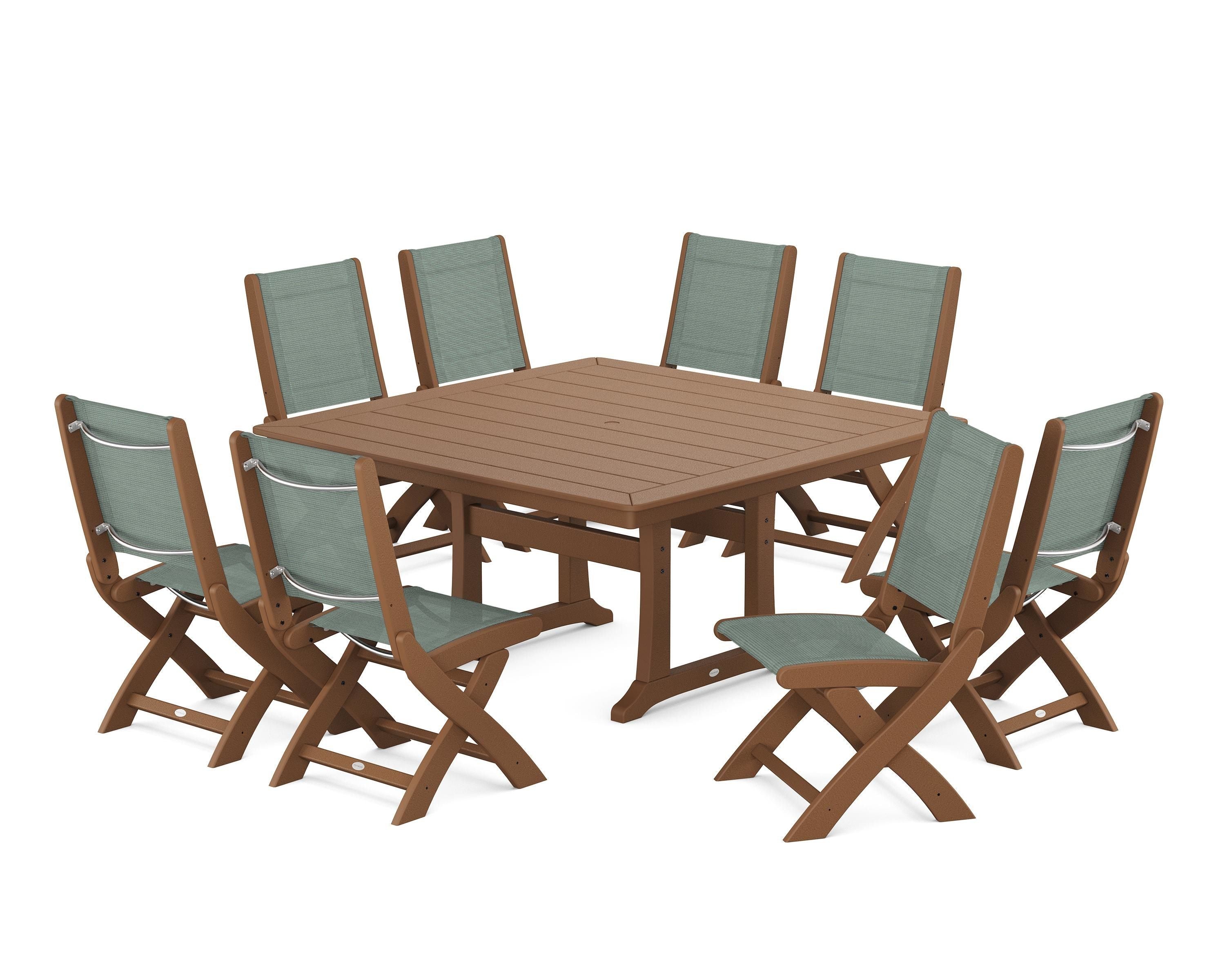 POLYWOOD Coastal Folding Side Chair 9-Piece Dining Set with Trestle Legs in Teak / Dupioni Sea Mist Sling