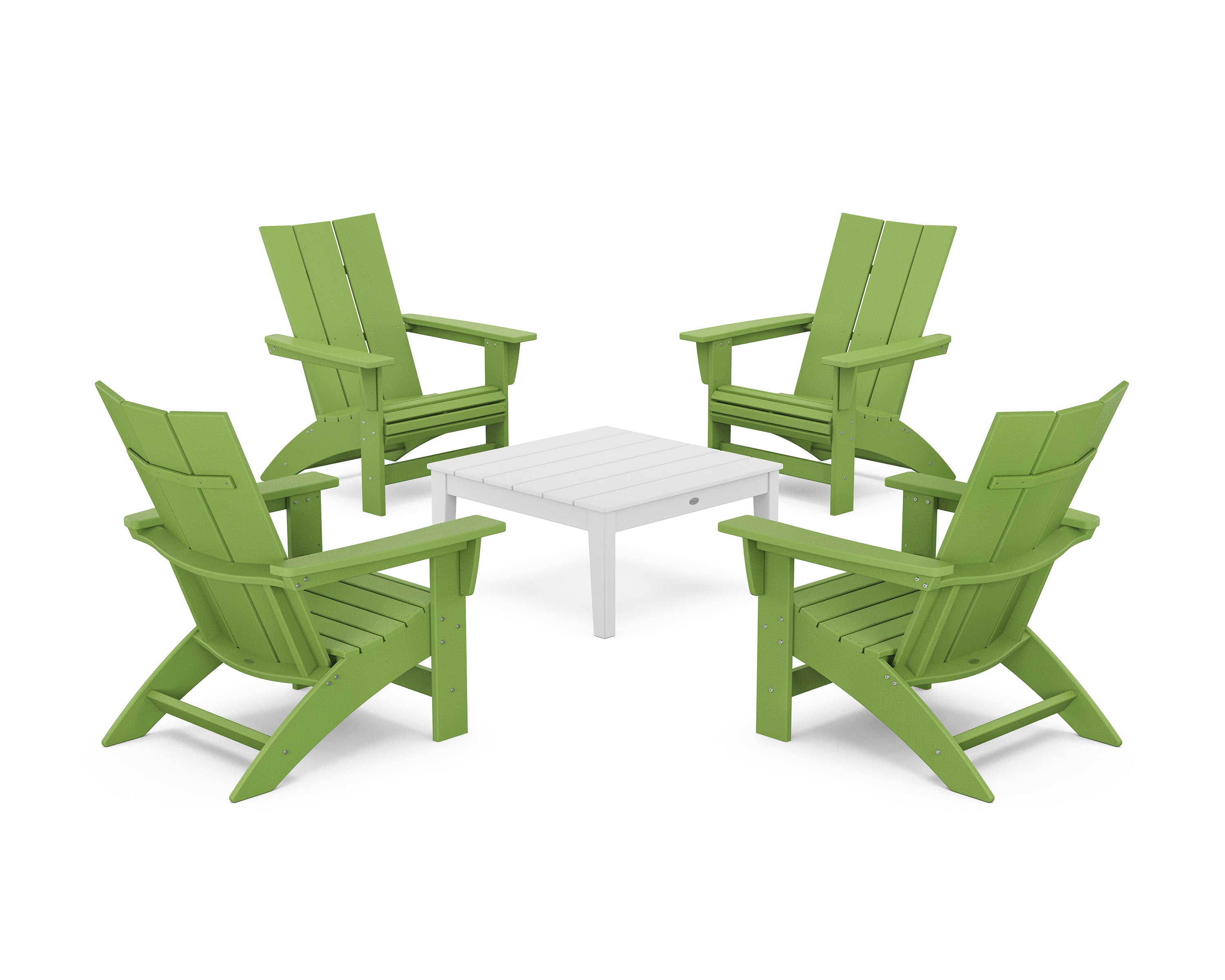 POLYWOOD® 5-Piece Modern Grand Adirondack Chair Conversation Group in Lime / White