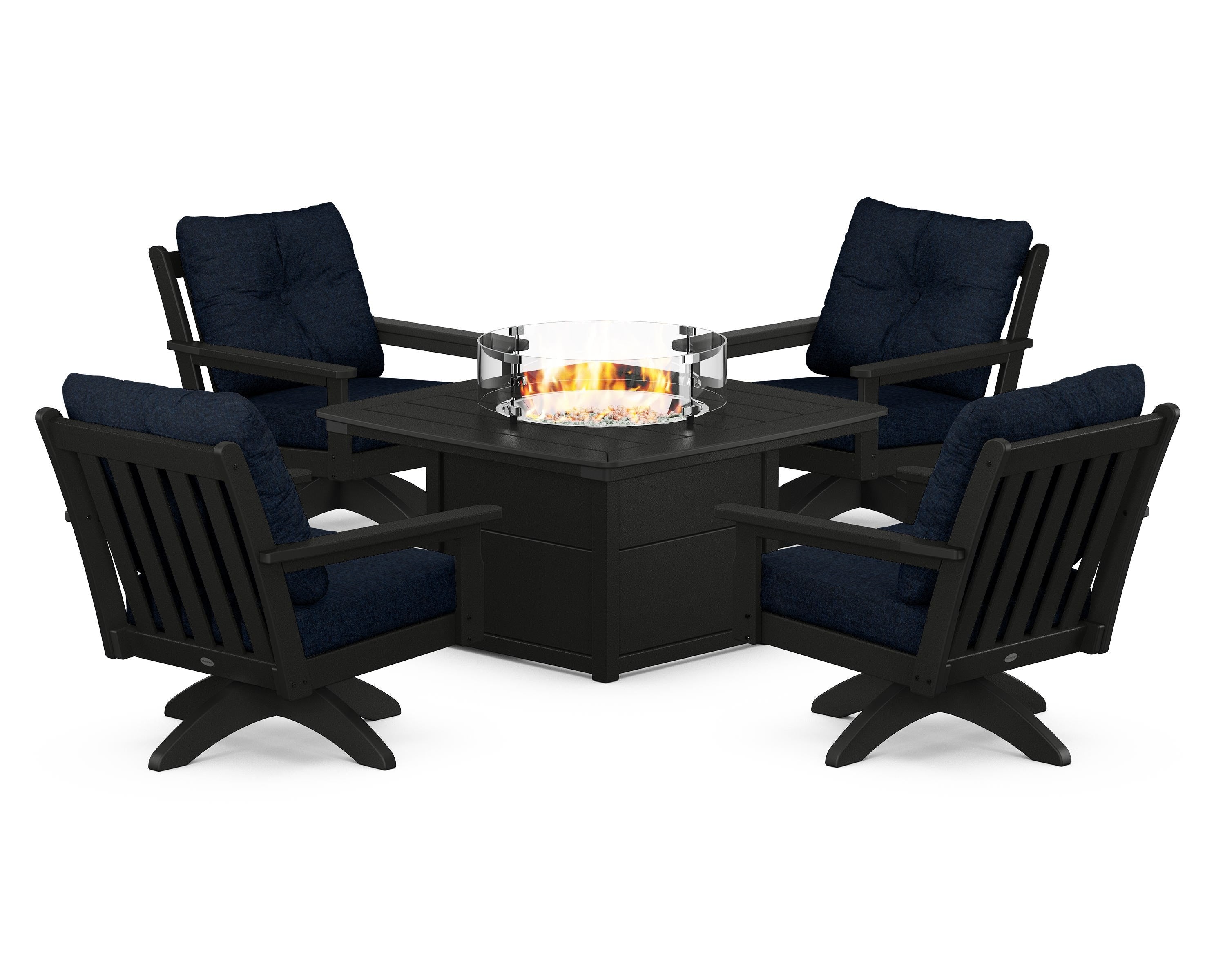 POLYWOOD Vineyard 5-Piece Deep Seating Swivel Conversation Set with Fire Pit Table in Black / Marine Indigo