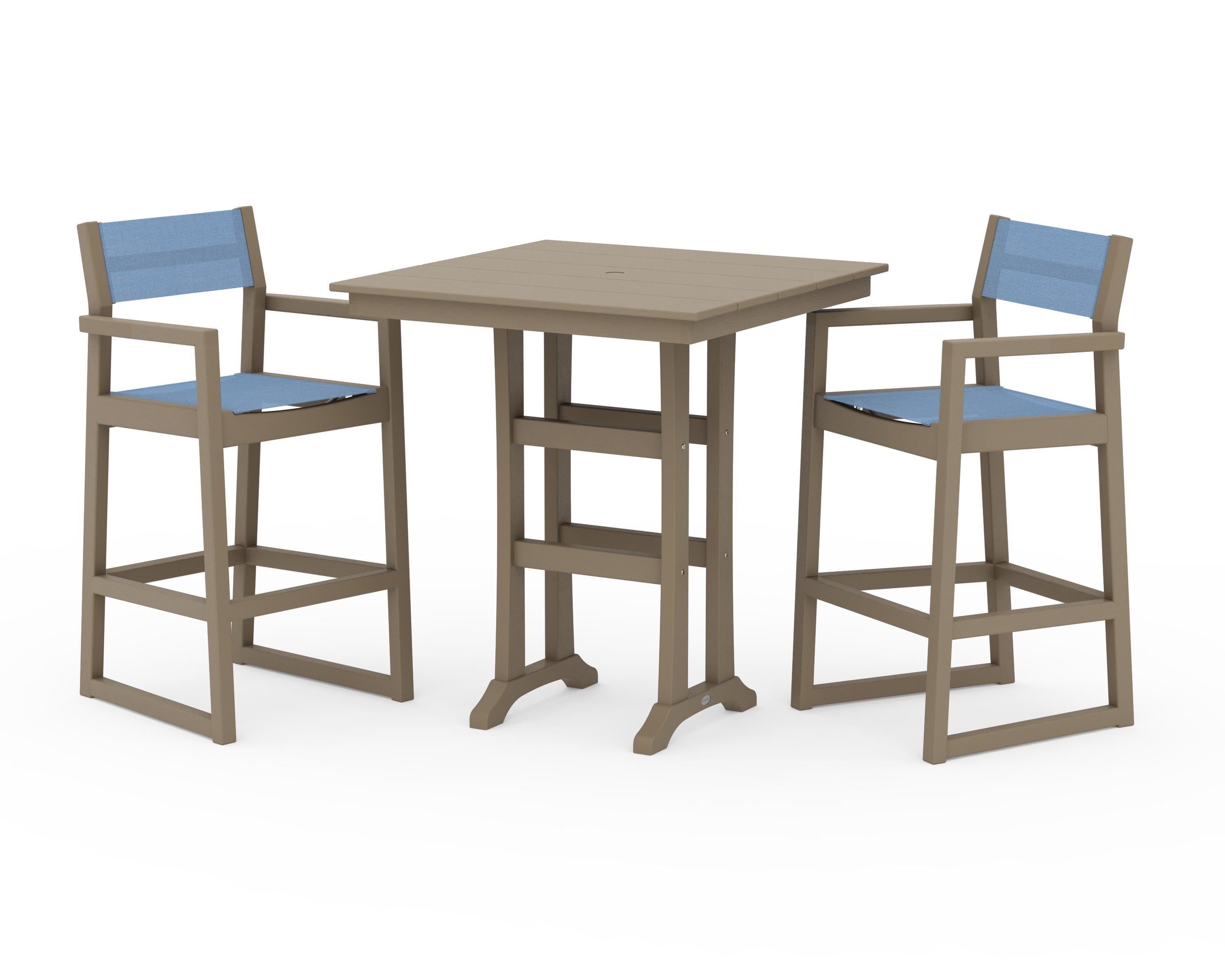 POLYWOOD EDGE Sling Arm Chair 3-Piece Farmhouse Bar Set with Trestle Legs in Vintage Sahara / Poolside Sling