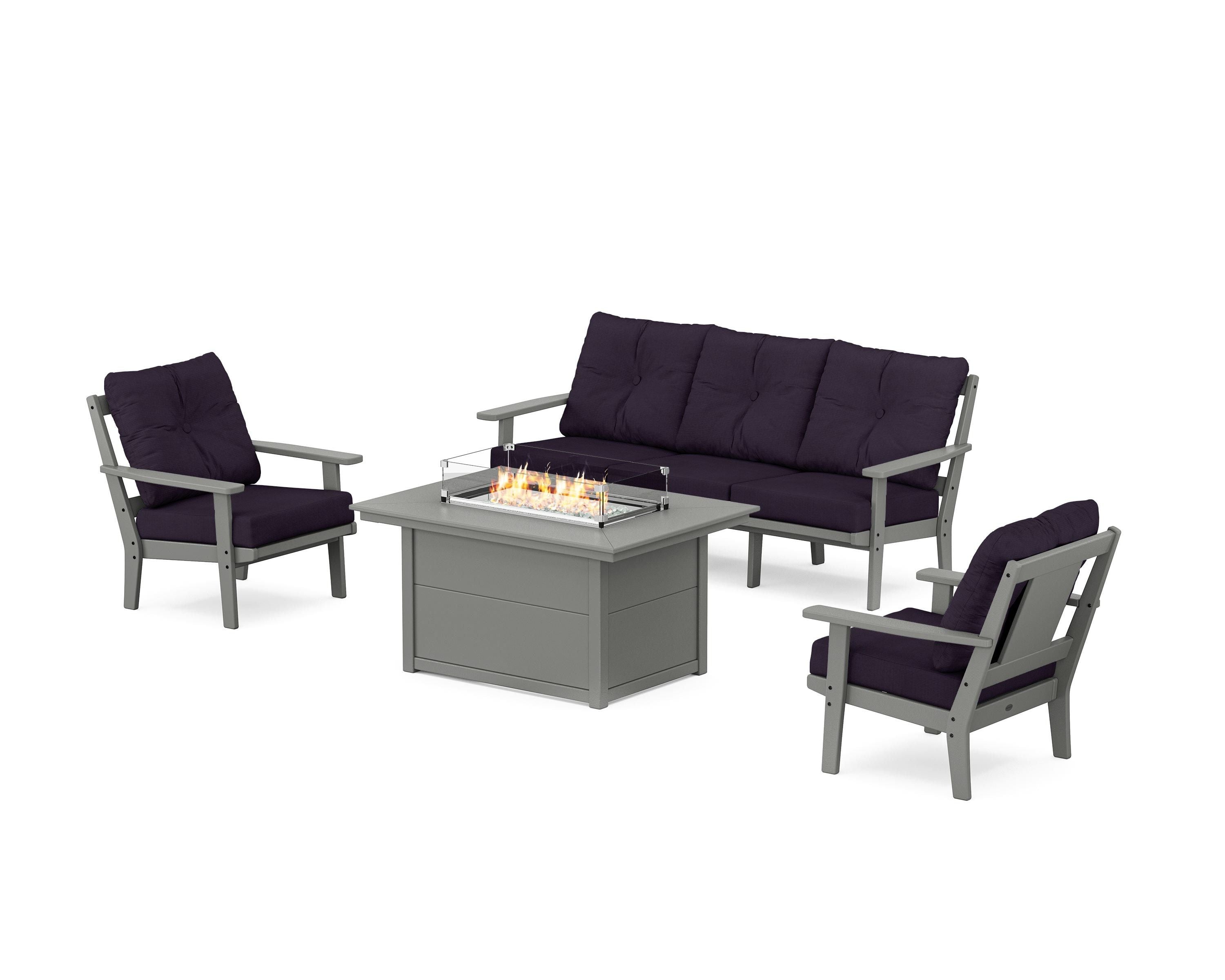 POLYWOOD Prairie Deep Seating Fire Pit Table Set in Slate Grey / Navy Linen