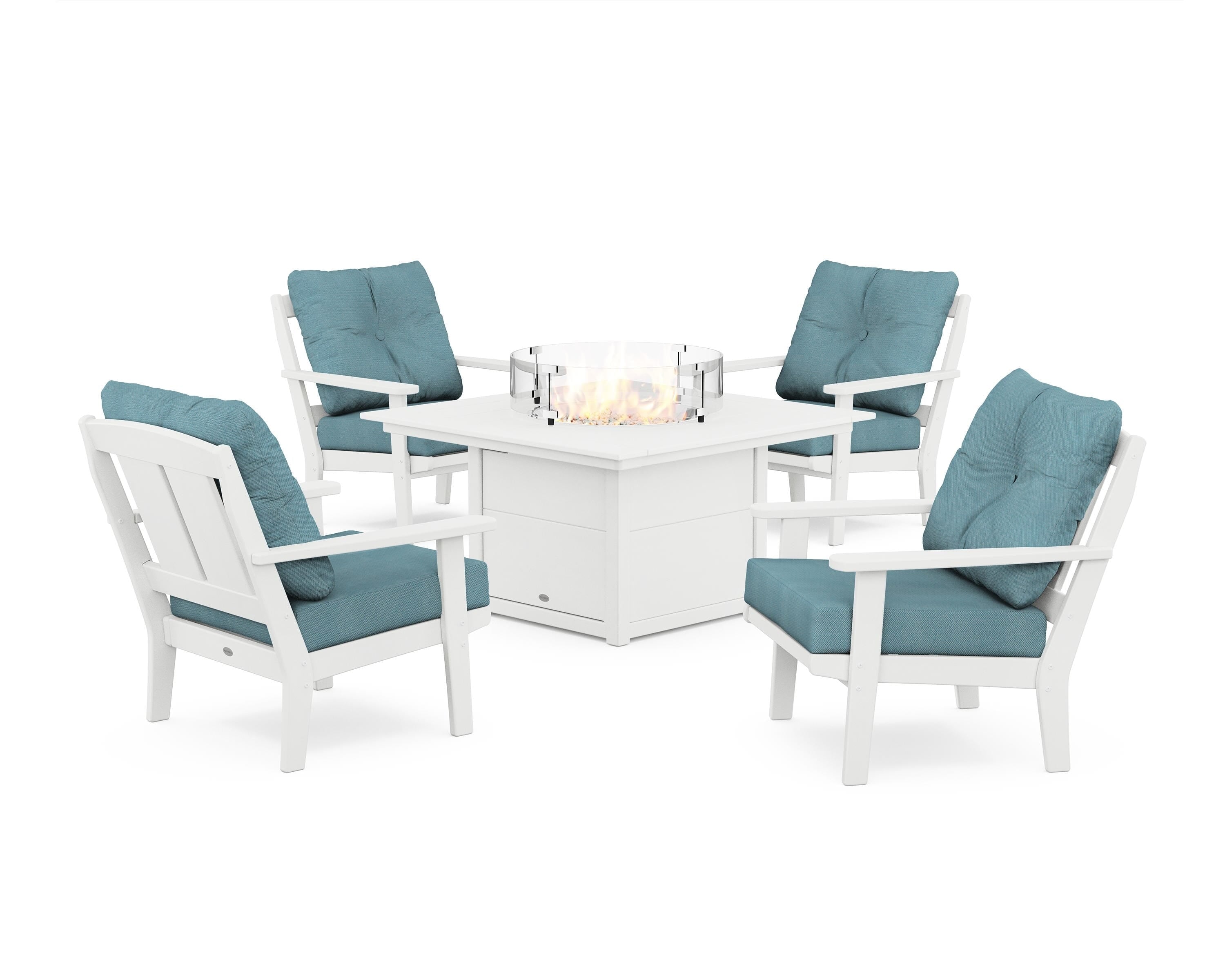 POLYWOOD Mission 5-Piece Deep Seating Set with Fire Pit Table in White / Lattice Sky Blue